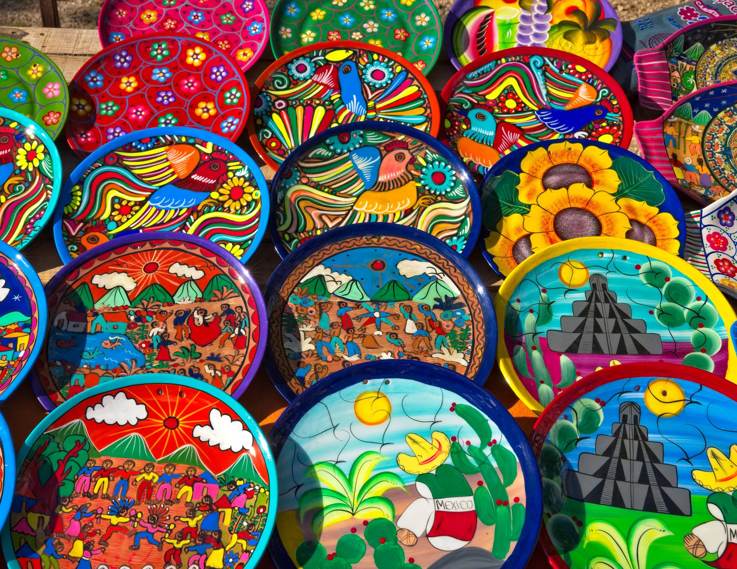 Colorful plates are sold by vendors at Chichen Itza, Yucatán, Mexico