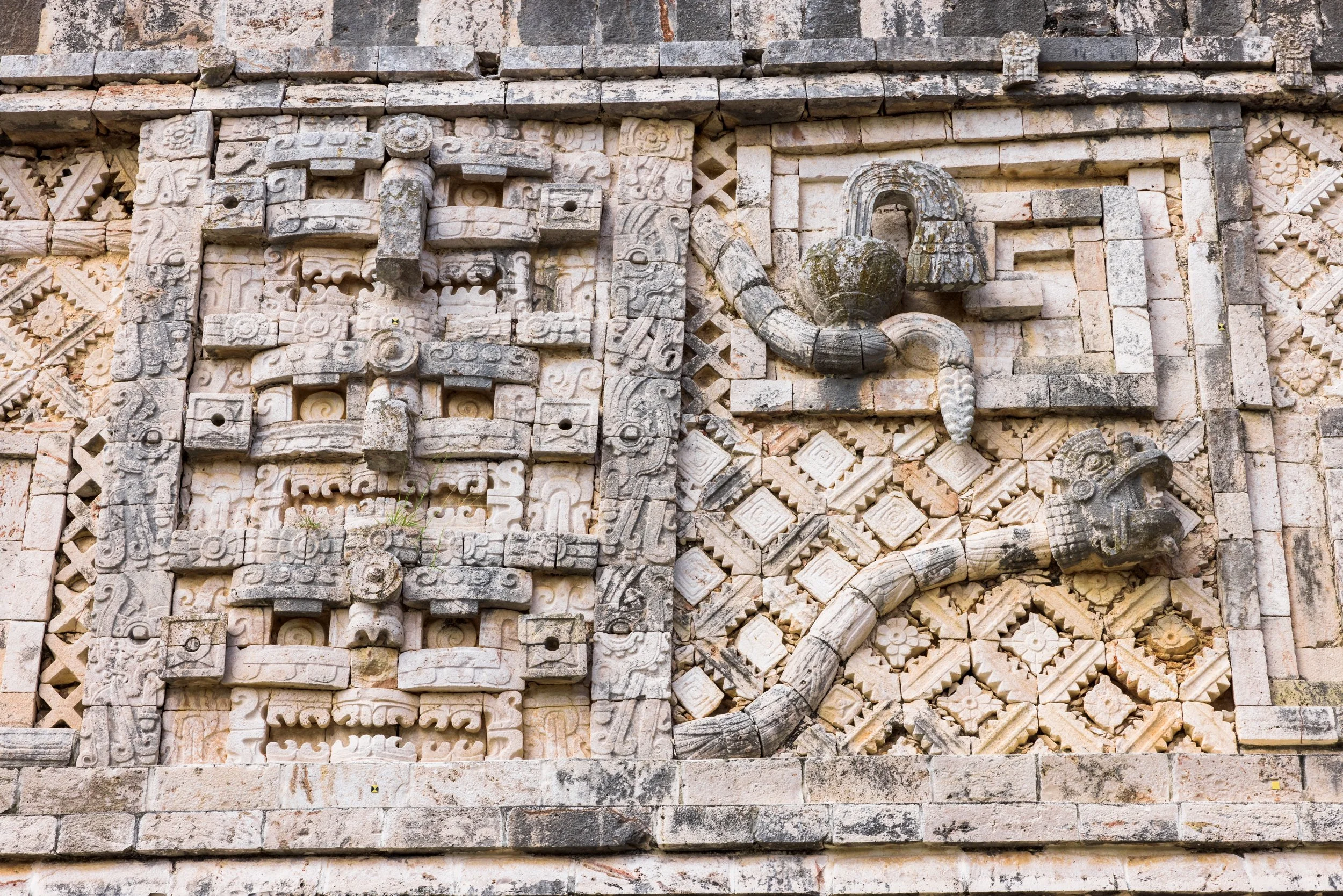 Snake and typical Mayan lattice, Uxmal, Yucatán, Mexico