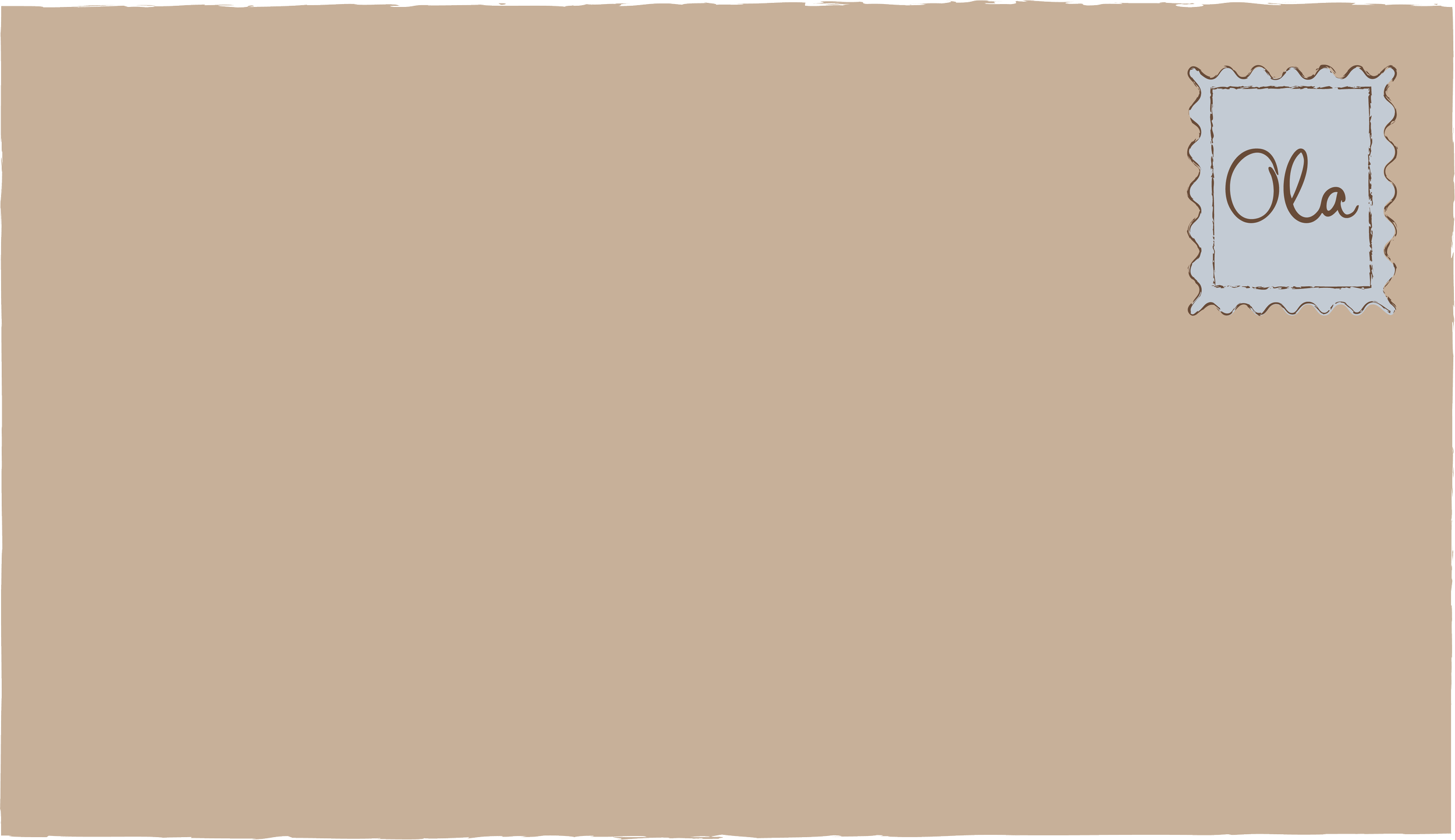 Beige background with a postage stamp on the right side that has the word "Ola" written in cursive inside a decorative border.