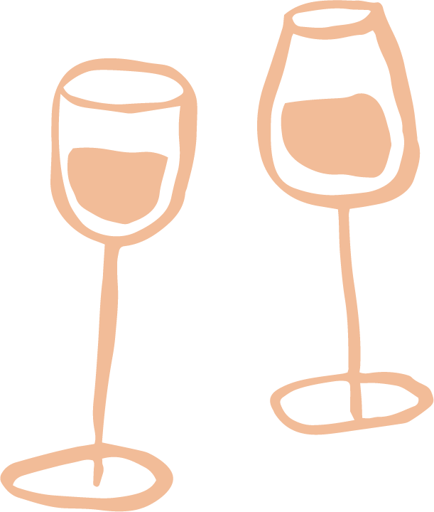 Two outlined wine glasses filled with white wine, clinking together.