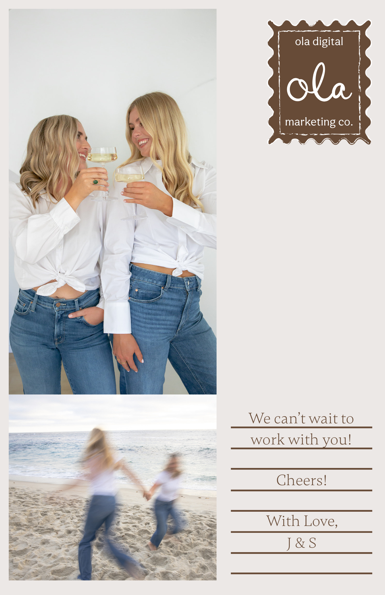 Two women in white shirts and jeans toasting with wine glasses, standing on a white background with a logo on the top right and a photo of two people running on a beach at the bottom.