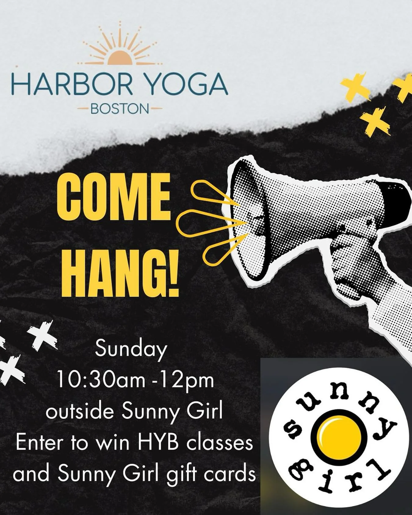 ✨HYB X SUNNY GIRL✨ 

Your two favorite businesses on Commercial Street are hanging out! Stop by and say hi from 10:30am-12pm this Sunday 9/28 for a chance to win free class packs and Sunny Girl gift cards! No purchase necessary. Follow these instruct