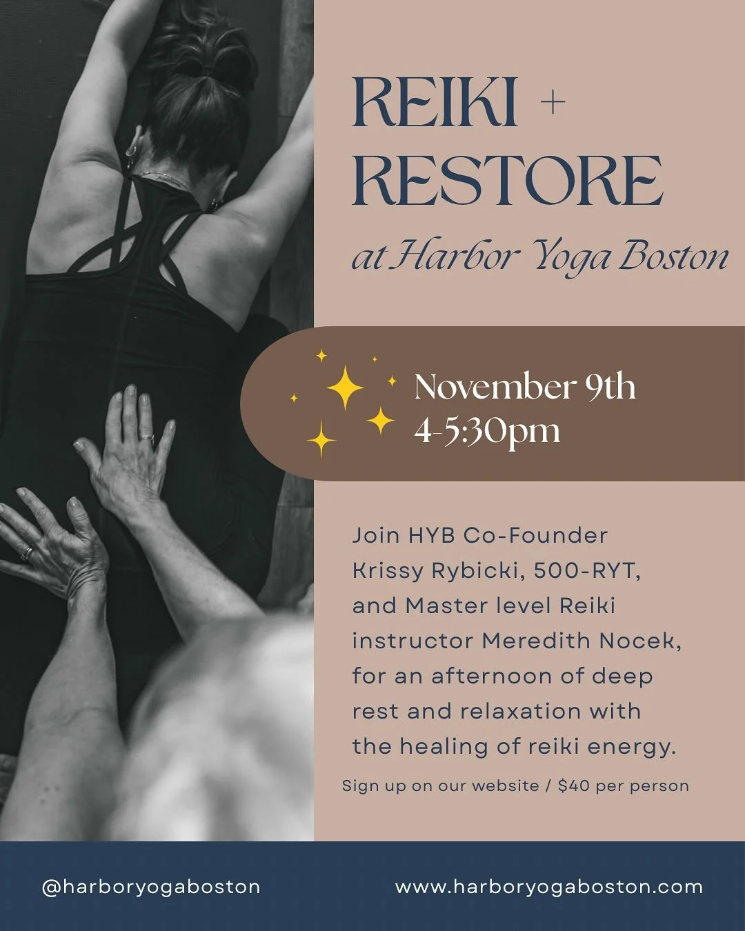 ✨REIKI + RESTORE✨ 

Join Krissy and Meredith on Sunday, Nov 9th from 4-5:30pm for a workshop all about rest. Krissy will lead a deeply restorative yoga practice while Meredith provides reiki energy healing to all participants. This is exactly how you