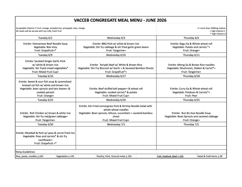 VACCEB's Monthly Menu