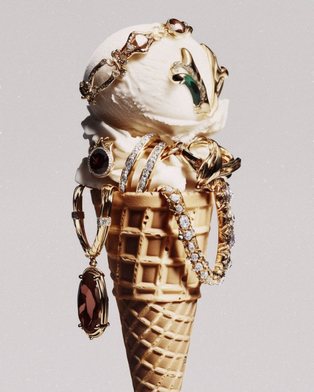 Ice cream cone with multiple jewelry pieces including rings, necklaces, and bracelets draped over it and around a scoop of vanilla ice cream, set against a plain background.