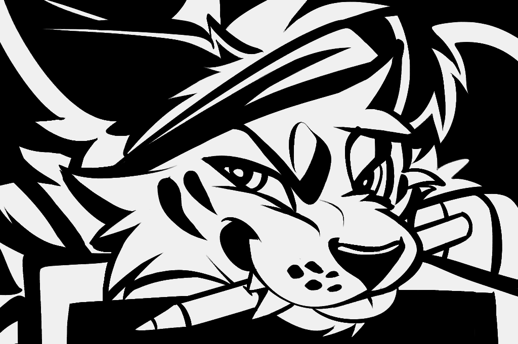 Black and white illustration of a tiger character wearing a headband, holding a pencil and art tablet, with a confident expression.
