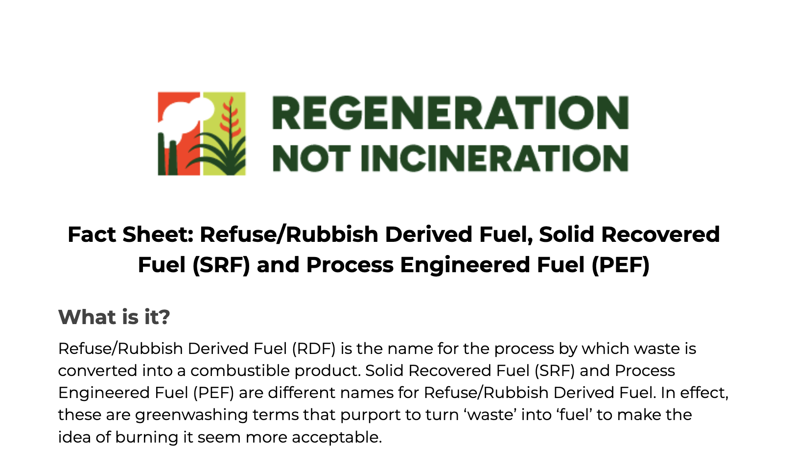 Fact Sheet: Refuse/Rubbish Derived Fuel, Solid Recovered Fuel (SRF) and Process Engineered Fuel (PEF)