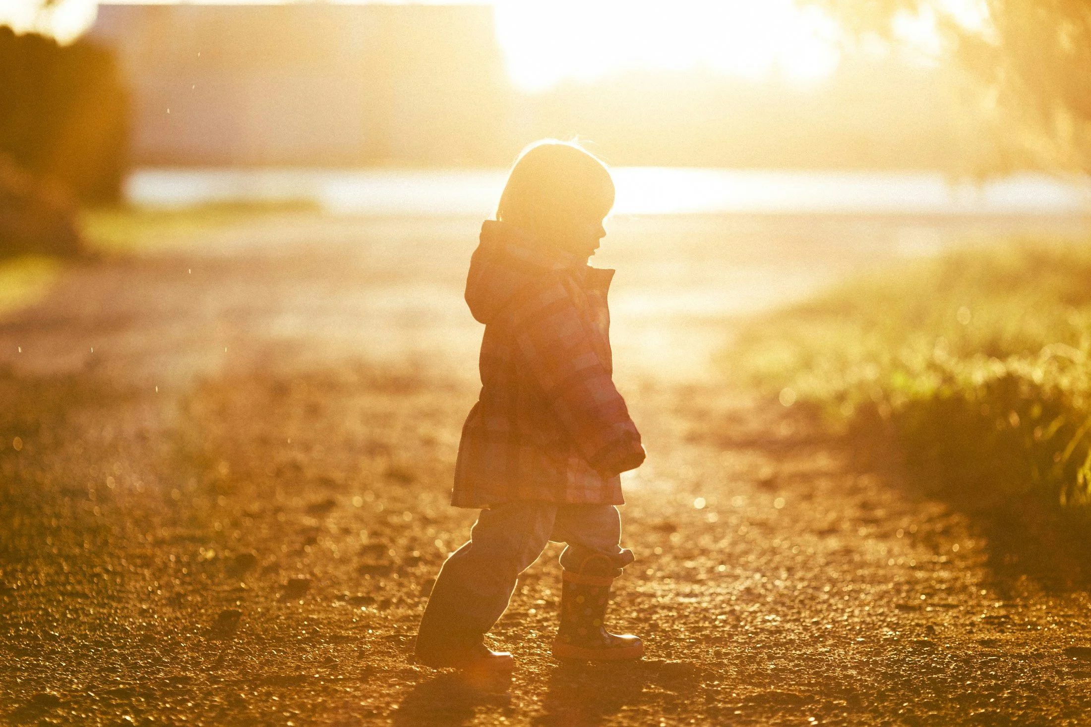 Wholistic pediatric chiropractic care offered. A child standing on a dirt path during sunset, wearing a jacket and rain boots, with the sun setting in the background.