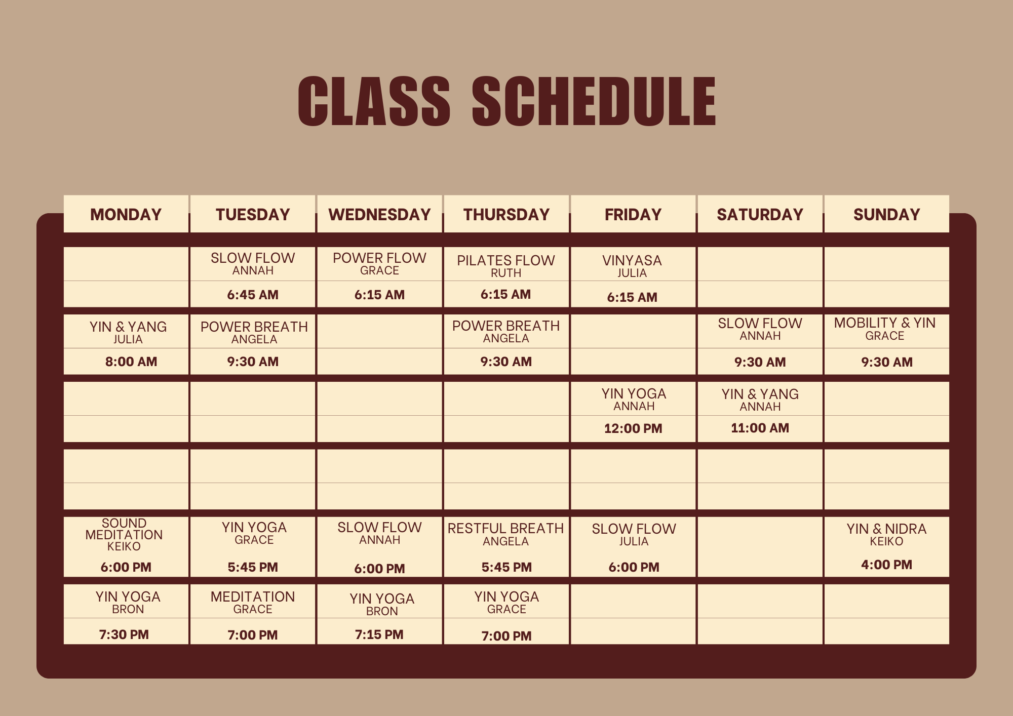 Class timetable Wellness Social Club