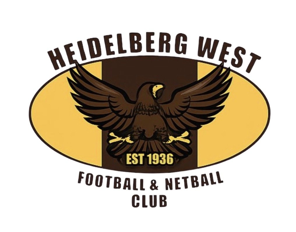 Logo of Heidelberg West Football & Netball Club, featuring a brown eagle with outstretched wings, with yellow and brown background, established 1936.
