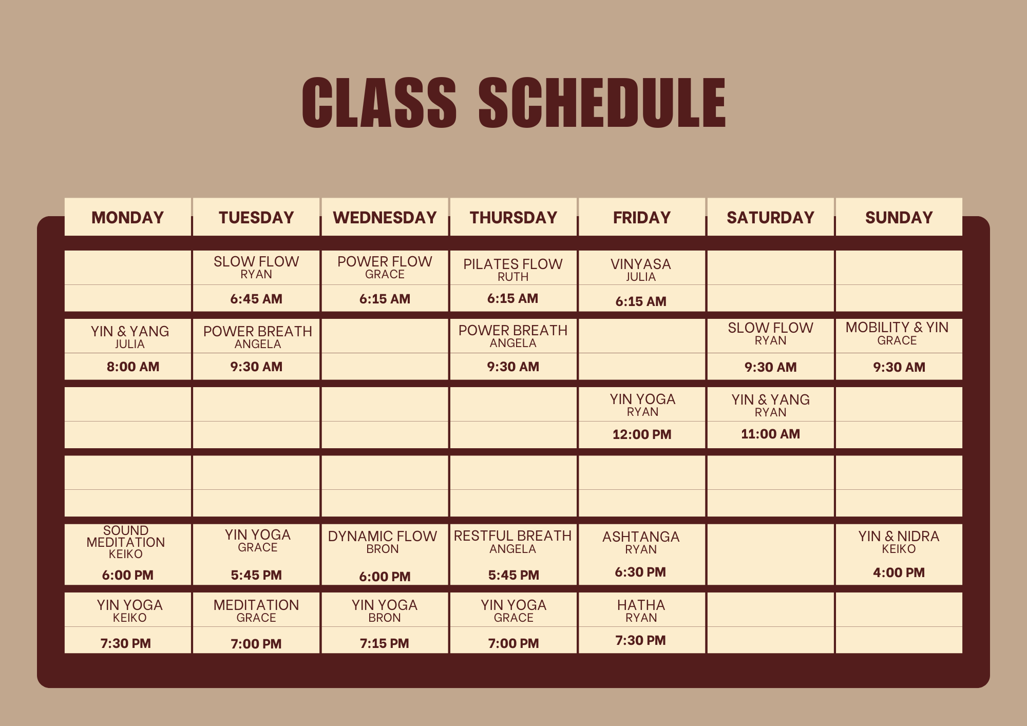 Wellness Social Club Timetable