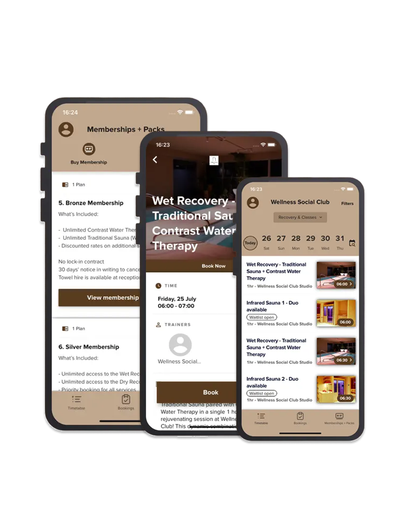 Three smartphone screens displaying a wellness club app with membership options, schedules for water therapy sessions, and gallery images of the wellness center.