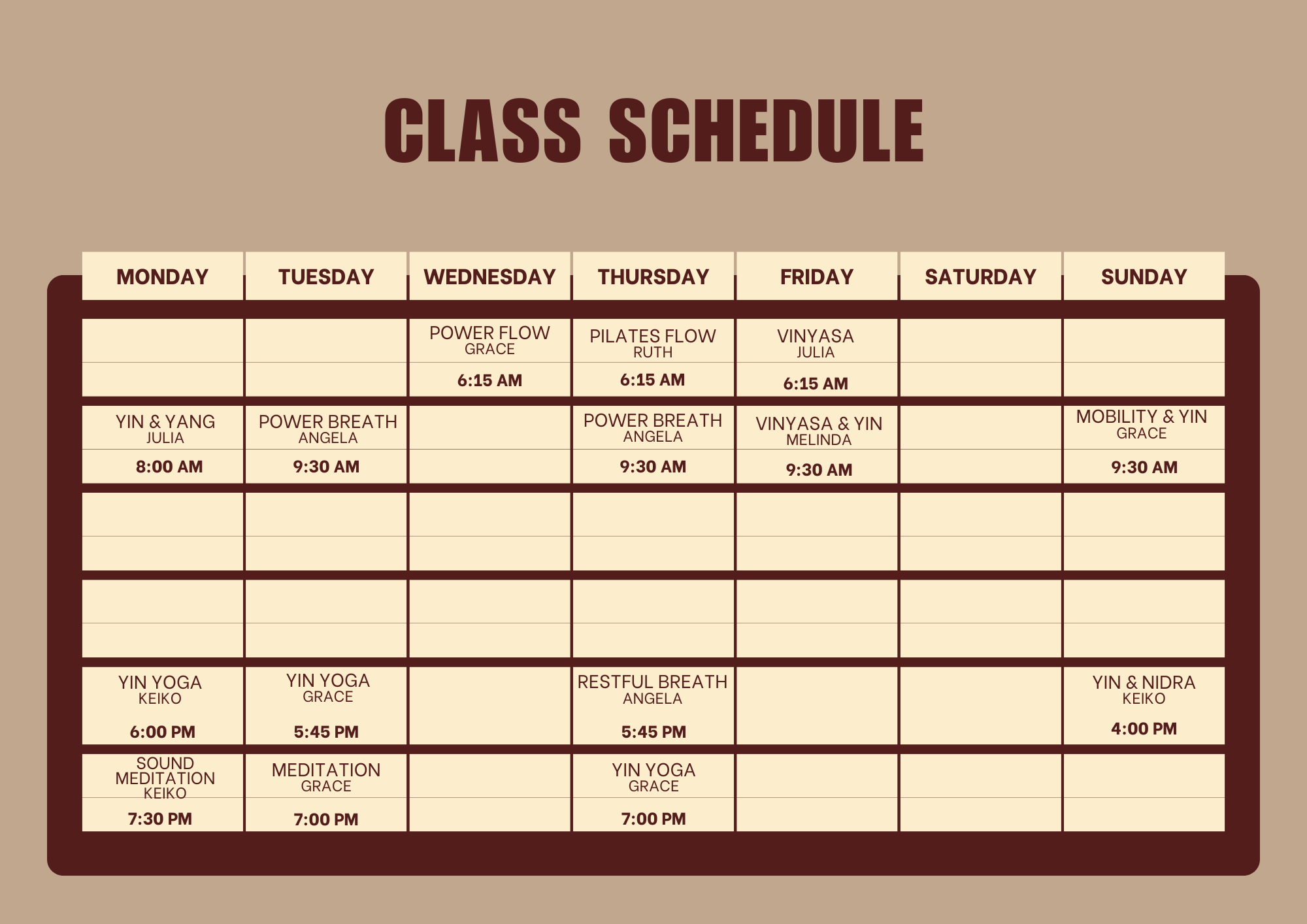 Wellness Social Club time schedule