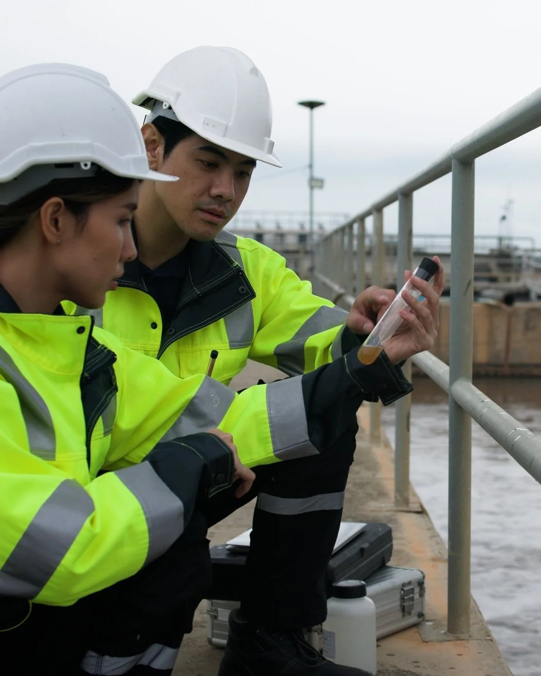 Safety and environmental engineers are checking the water quality at a wastewater treatment plant