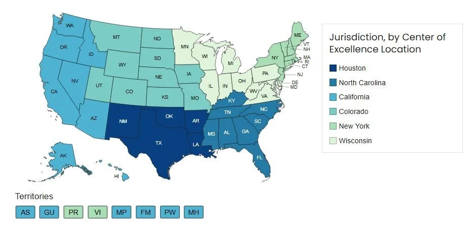 Map of the United states, grouped and colored by respective NWSS CoE regions