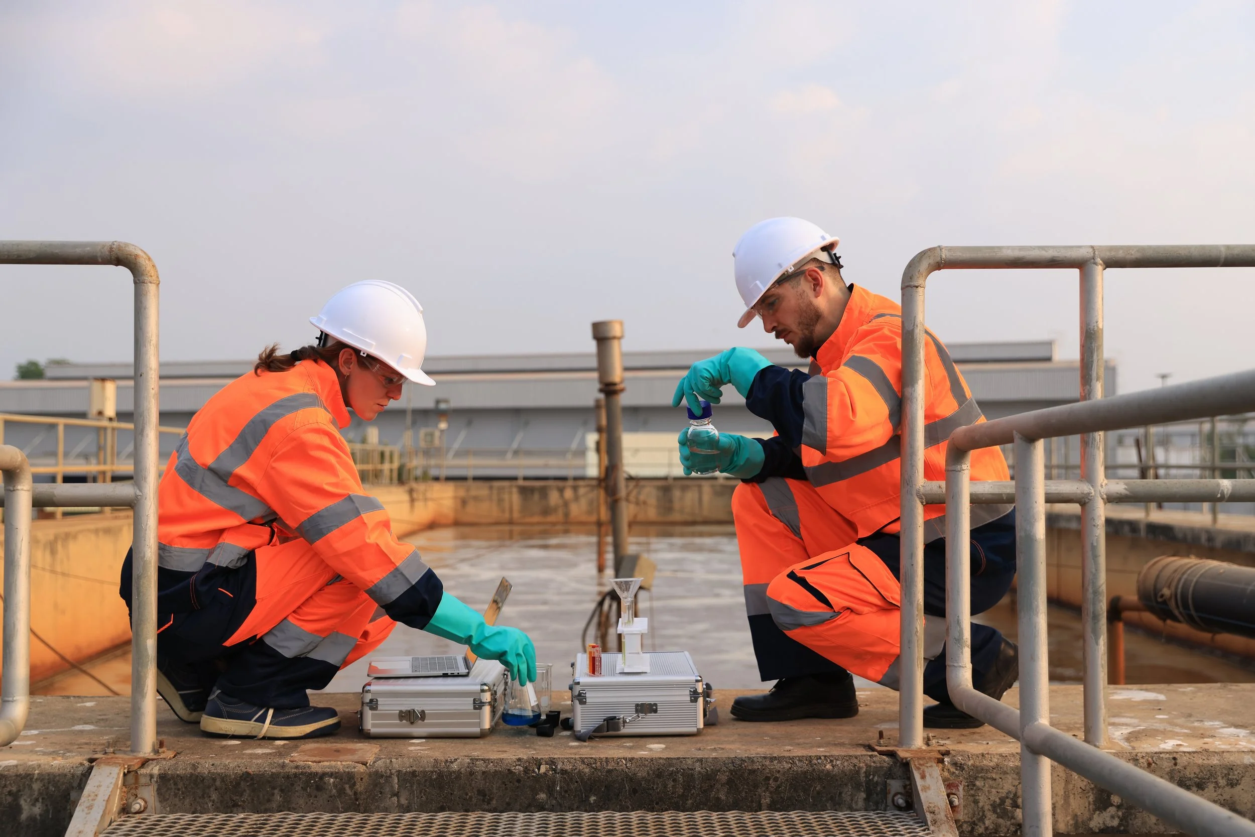 Safety and environmental engineers examining the water sample from the wastewater treatment plant clarifier