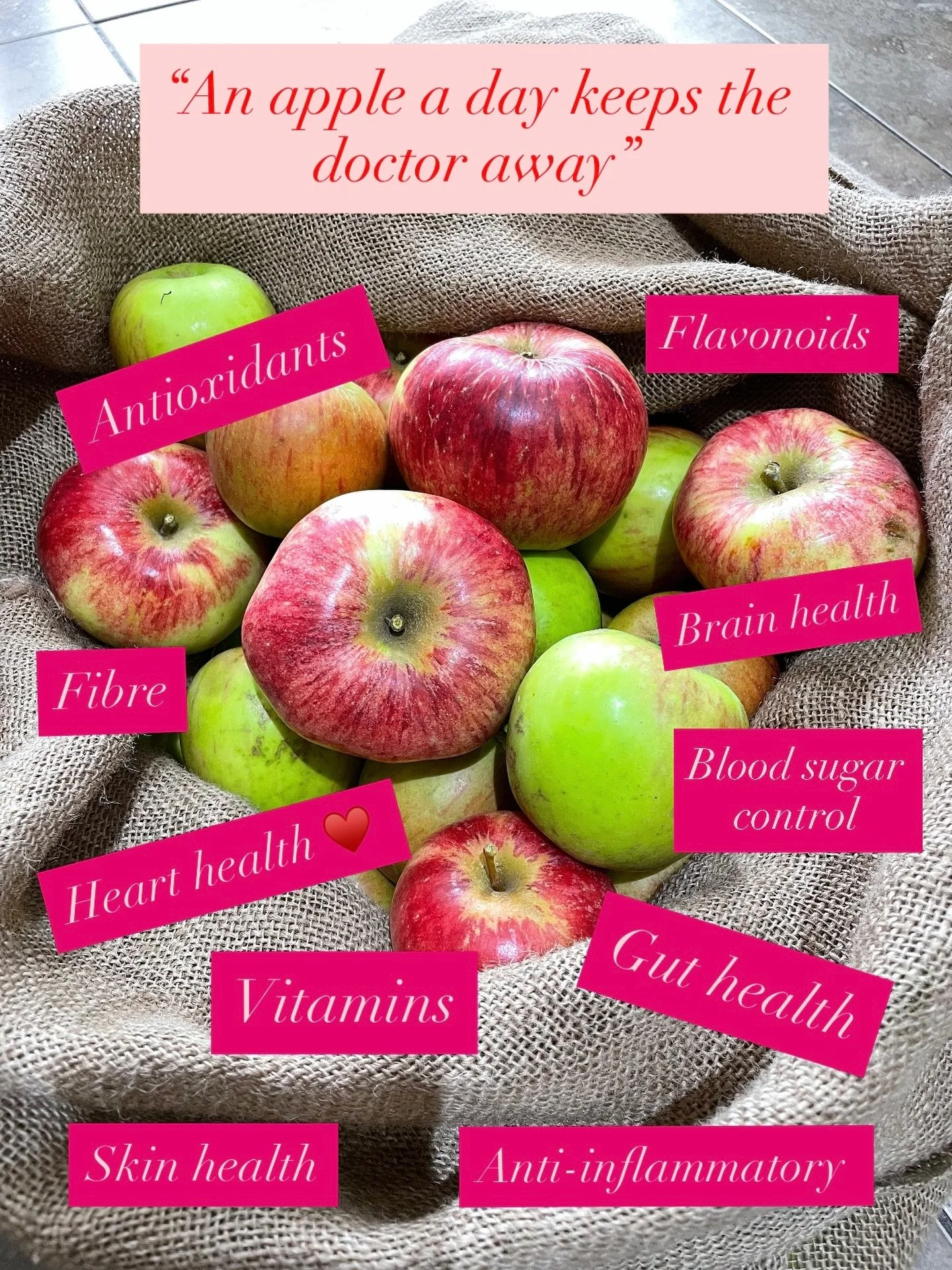 🍎 “An apple a day keeps the doctor away” - it’s true! Apples are packed full of vitamins, fibre and flavonoids. Great for gut health, immune health, heart health, brain health and just about every aspect of health you can think of!
