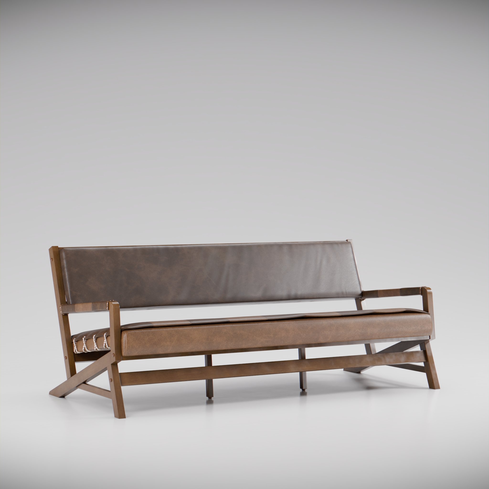 2/3 view of a leather & wood sofa