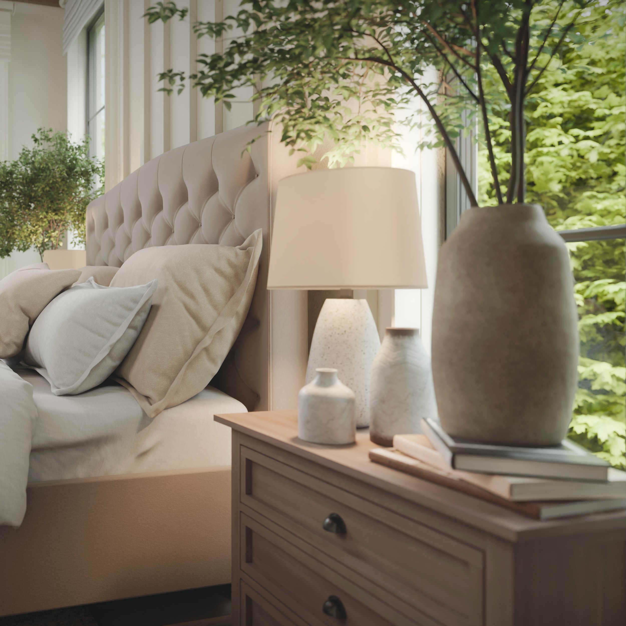 Sophisticated bedroom that blends rustic charm and timeless elegance—featuring a tufted headboard, vaulted wood ceiling, and refined furniture, focusing on the nightstand and bed's headboard