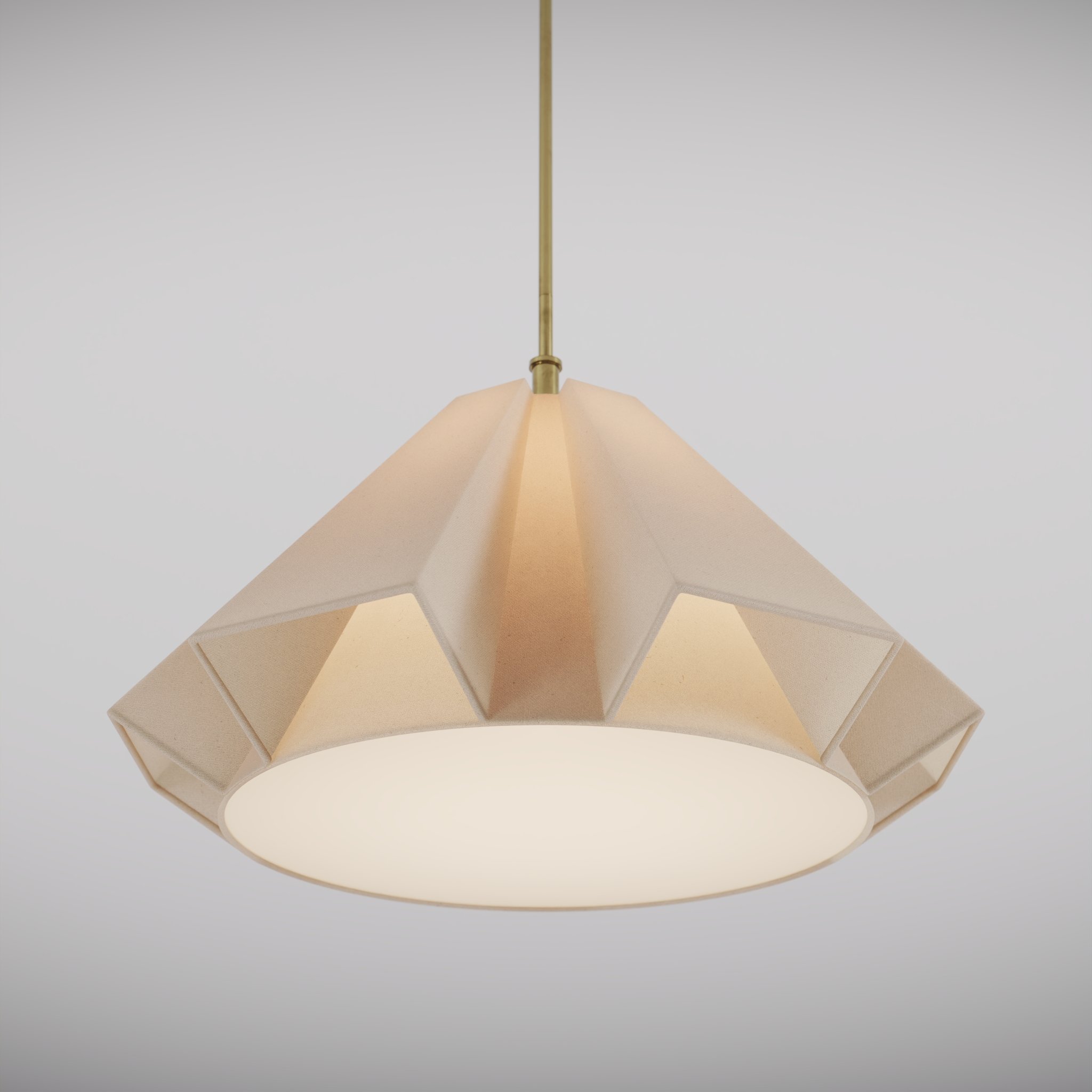 slightly lower view of a modern design ceiling lamp, with a warm light on in a white studio environment