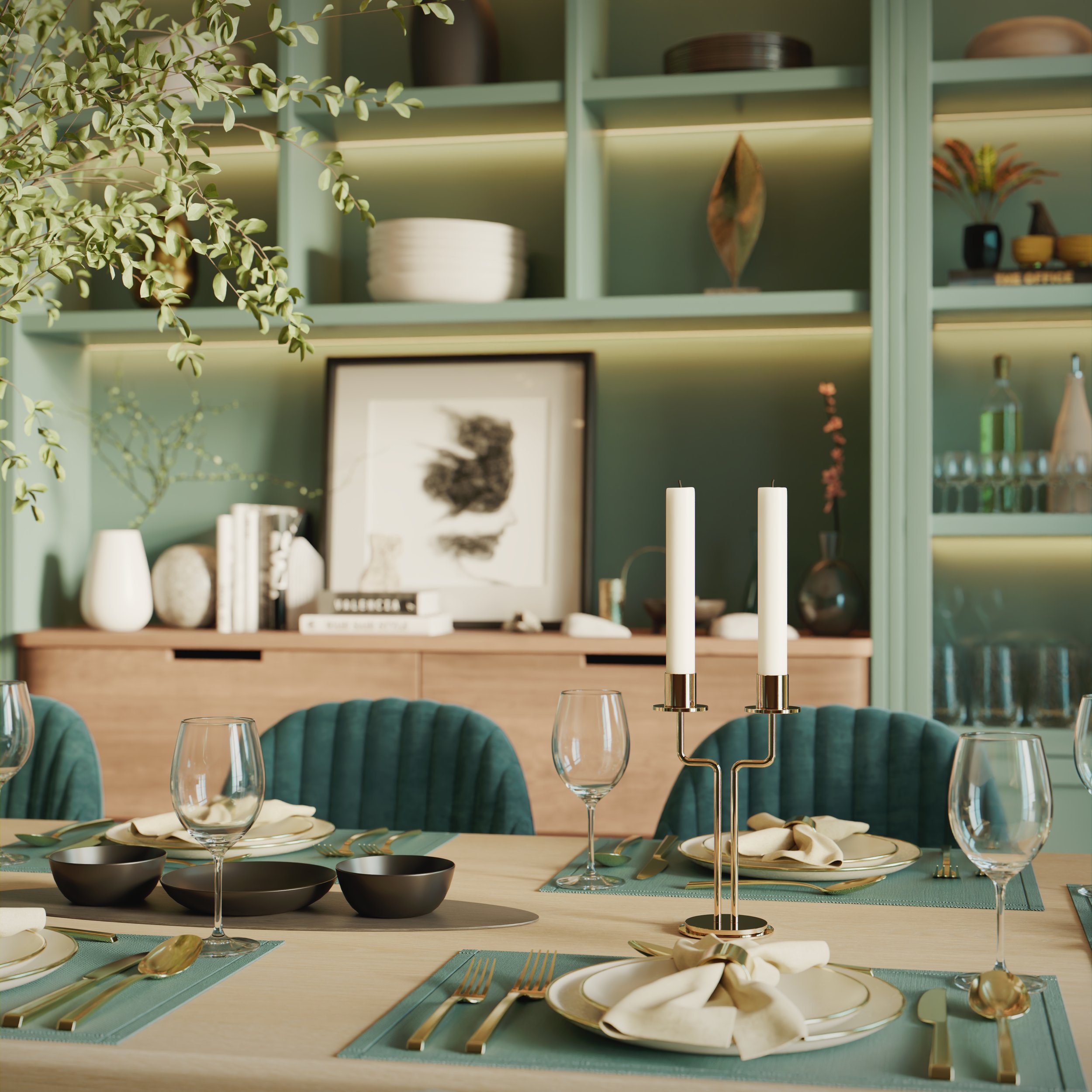 A close-up view of the set-up on the dining table, showcasing luxurious dining sets and candles