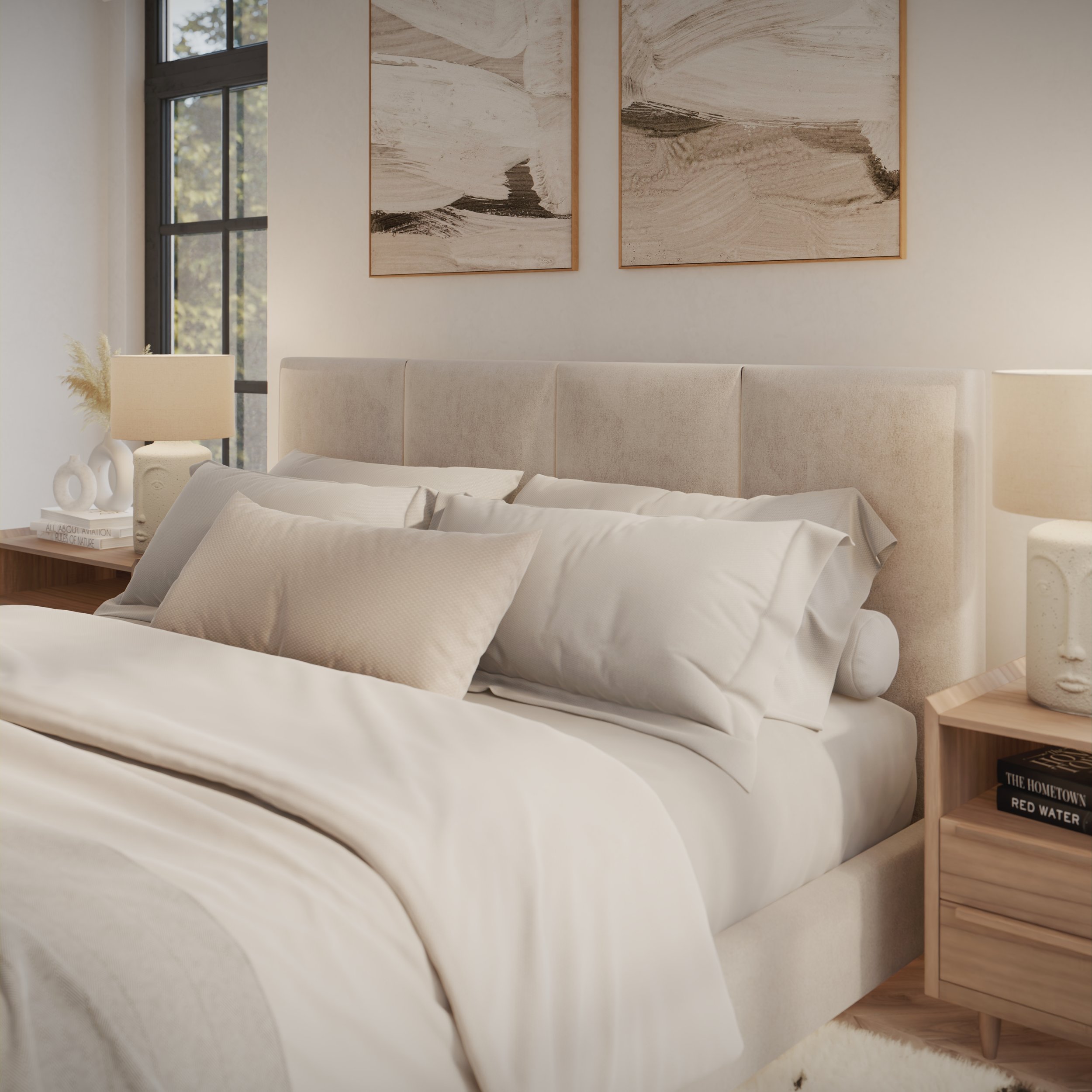 Farmhouse bedroom featuring soft neutral tones, elegant wood textures, and abundant natural light, focusing on the bead's headboard