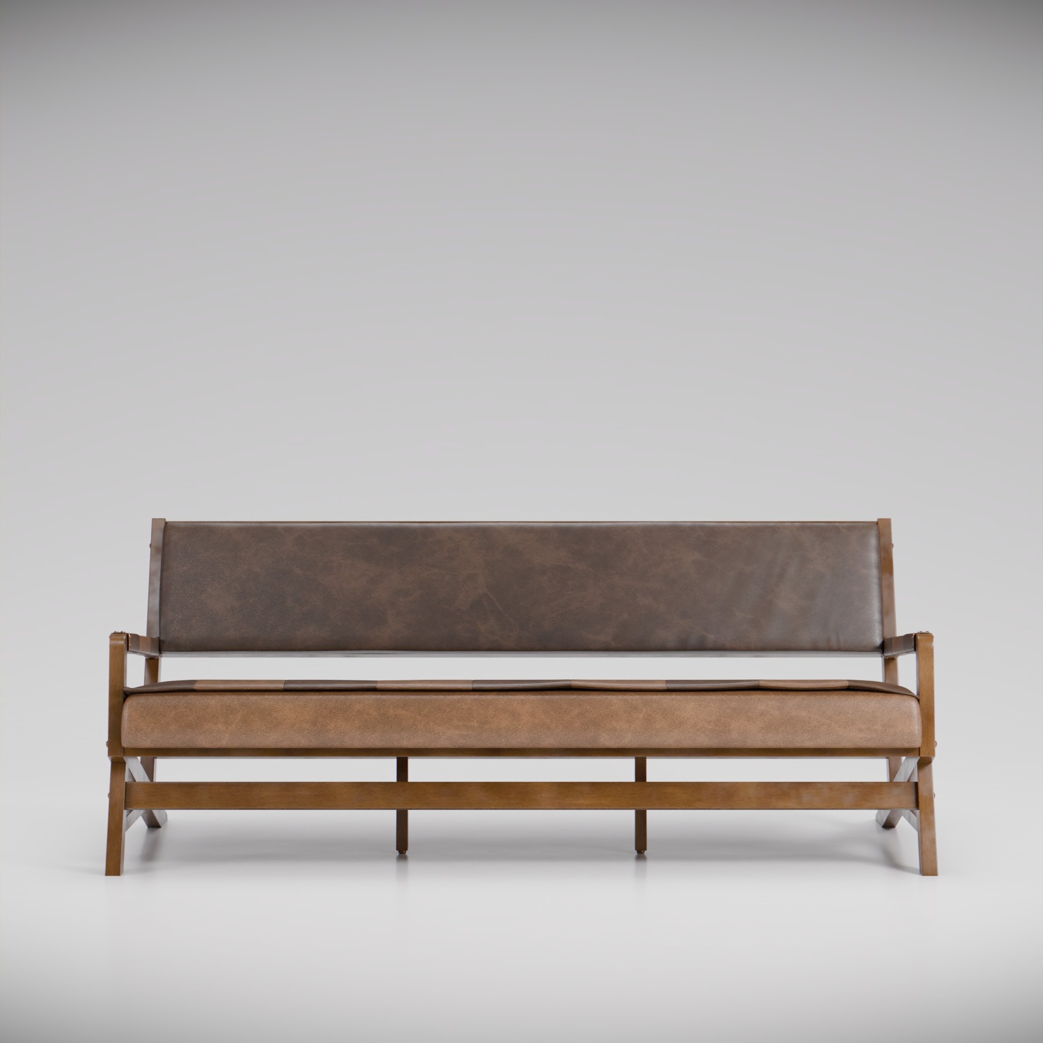 Front view of a leather & wood sofa