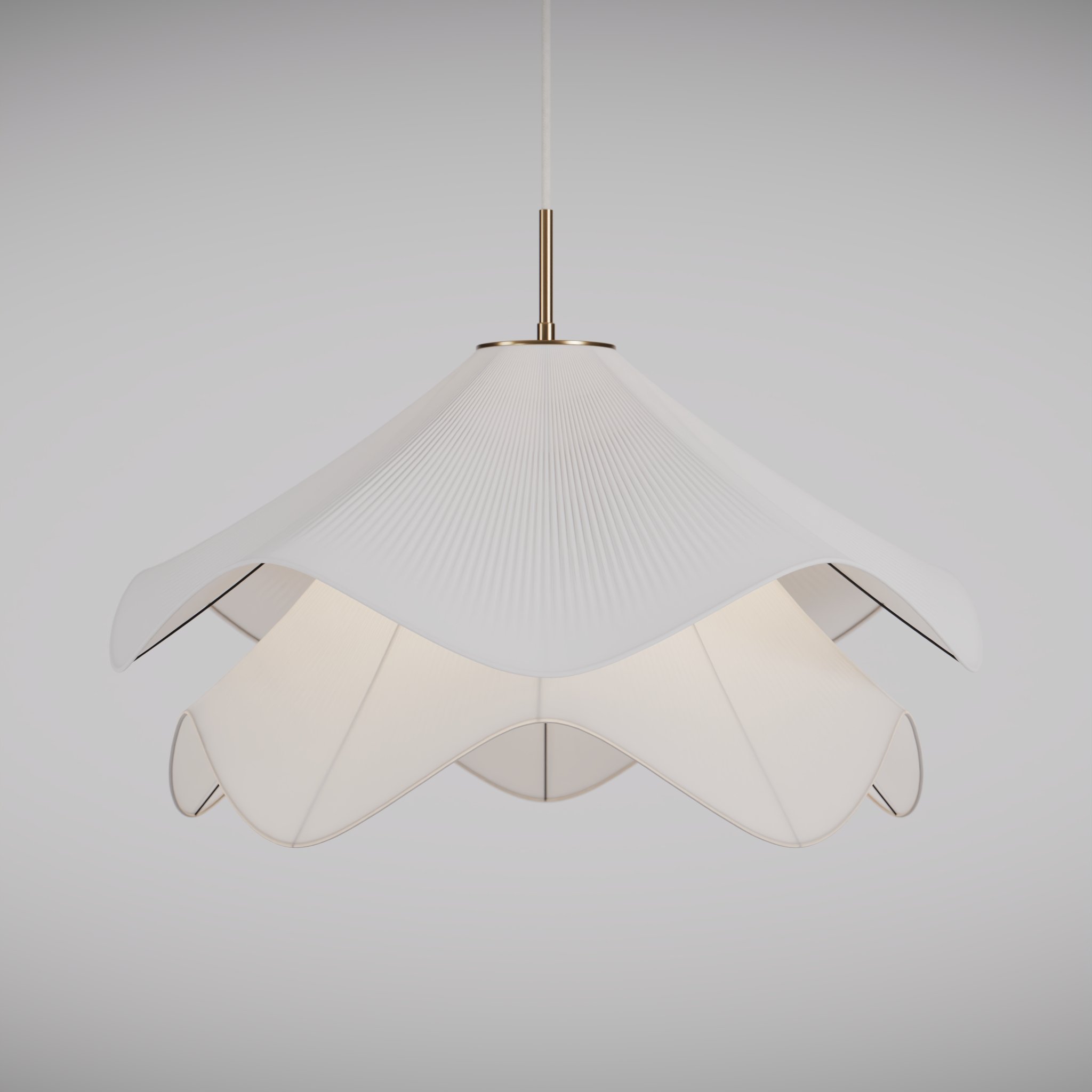 frontal view of a modern design ceiling lamp, with a warm light in a white studio environment
