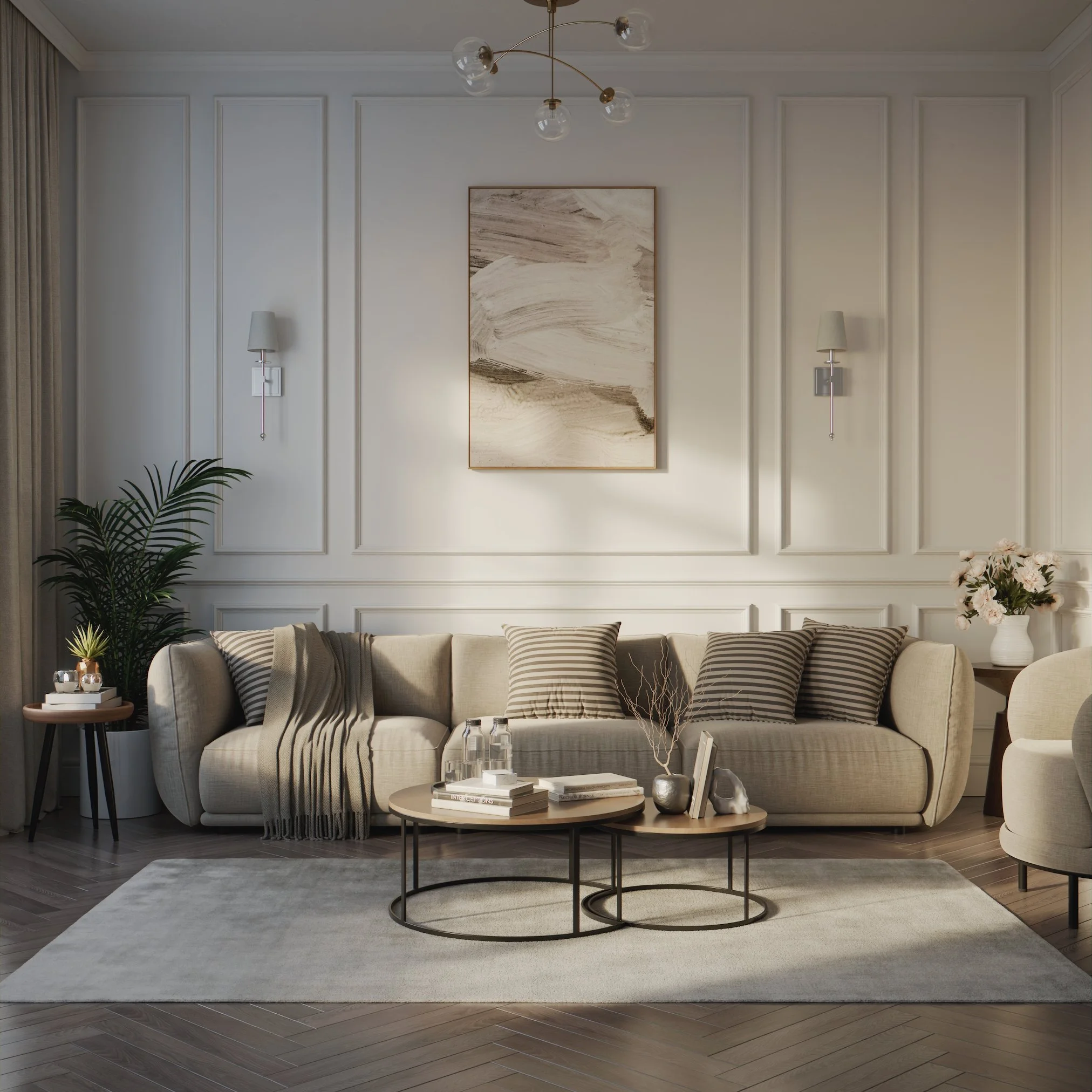 axial view of a classical decoration of a living room