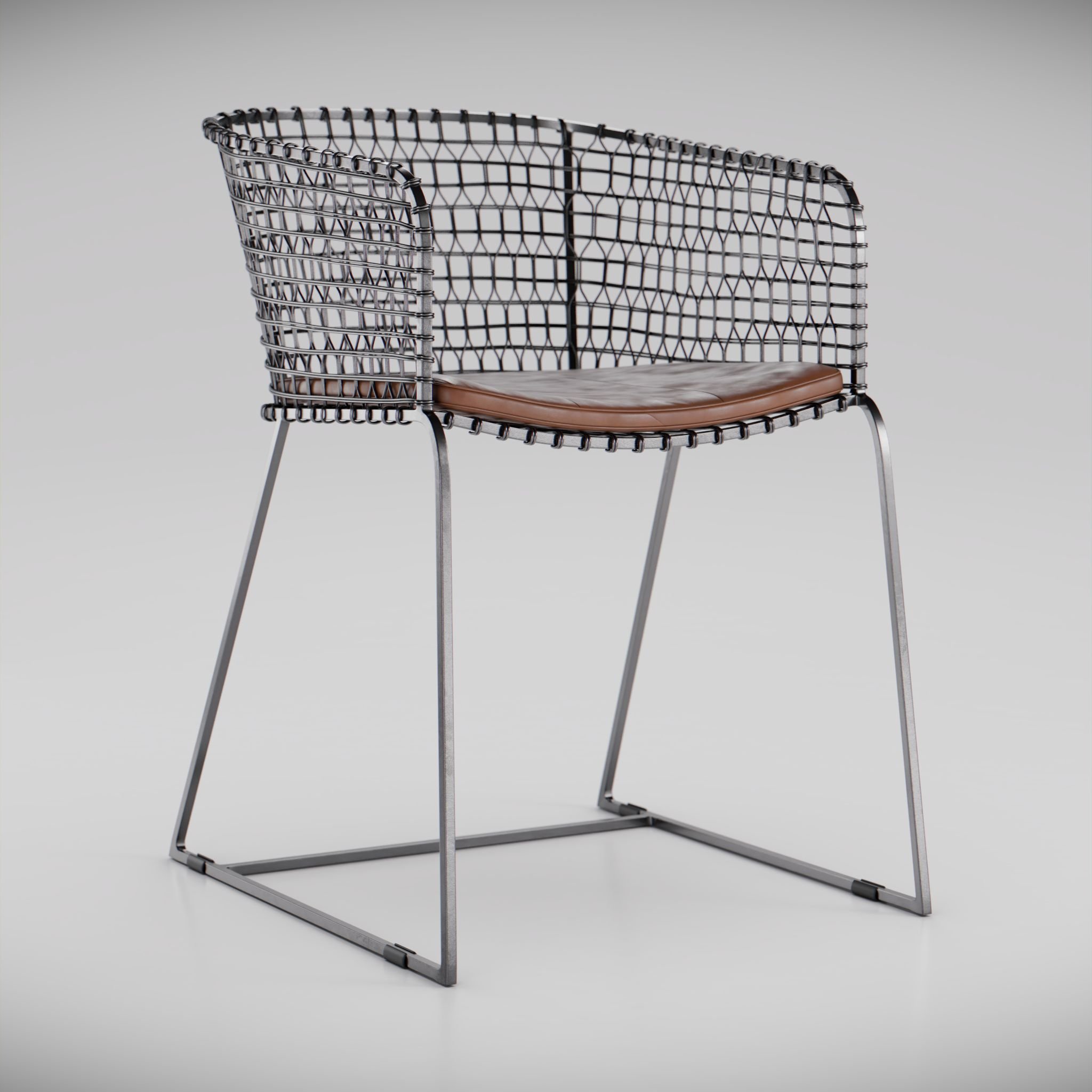 2/3 view of a metal and leather dining chair