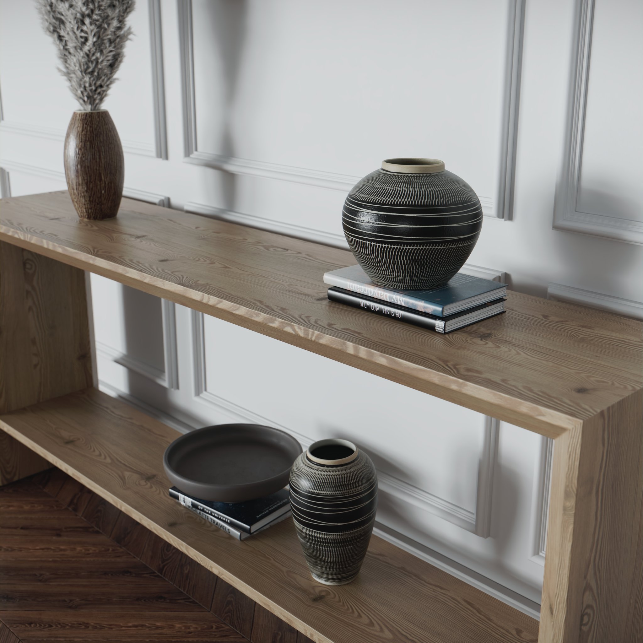 closeup of a wooden console table standing next to a white paneled wall and wooden floor room