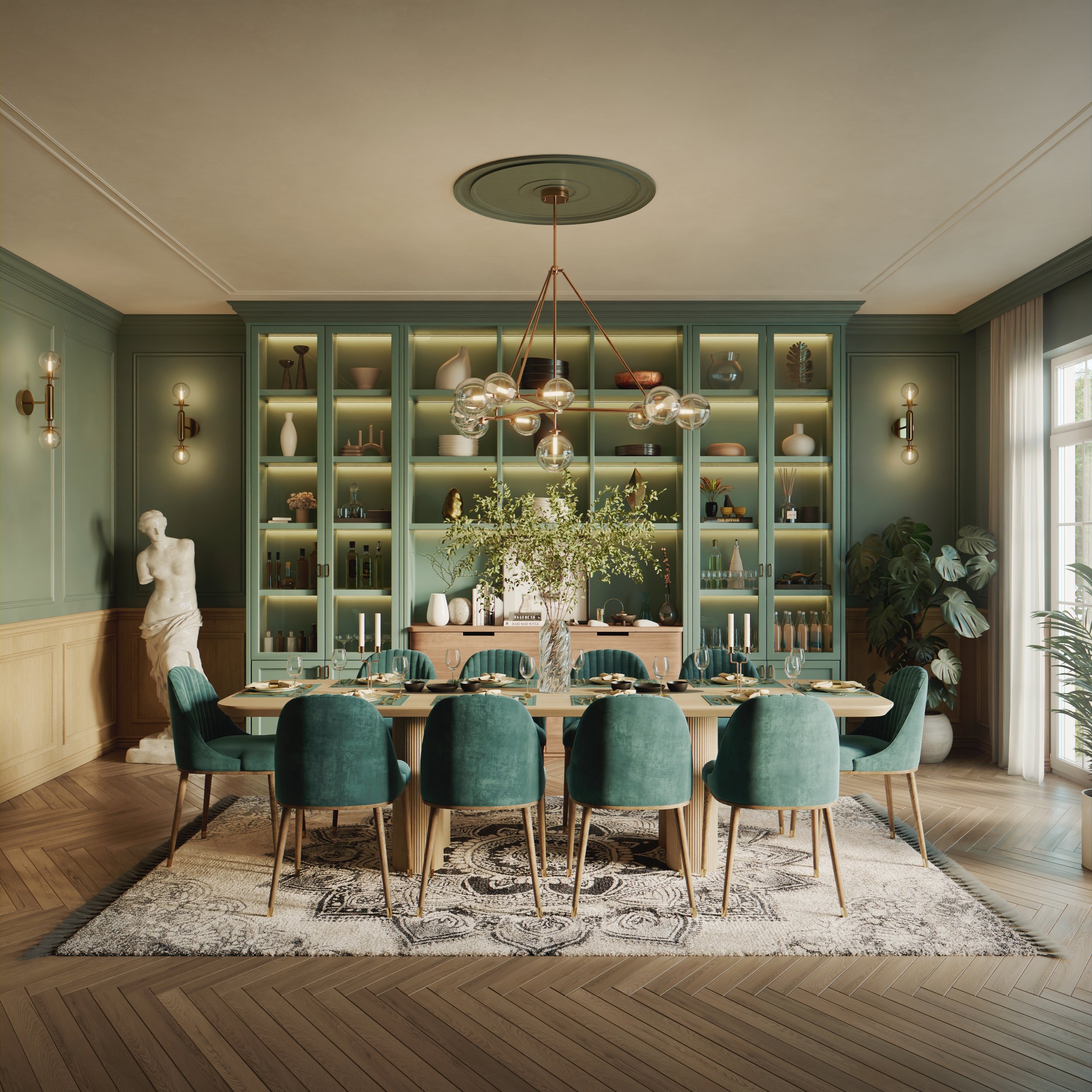 Contemporary dining room featuring a green color palette centered around an elegant dining table set, topped with luminous chandeliers. At the back, a built-in display shelves stretches from floor to ceiling.
