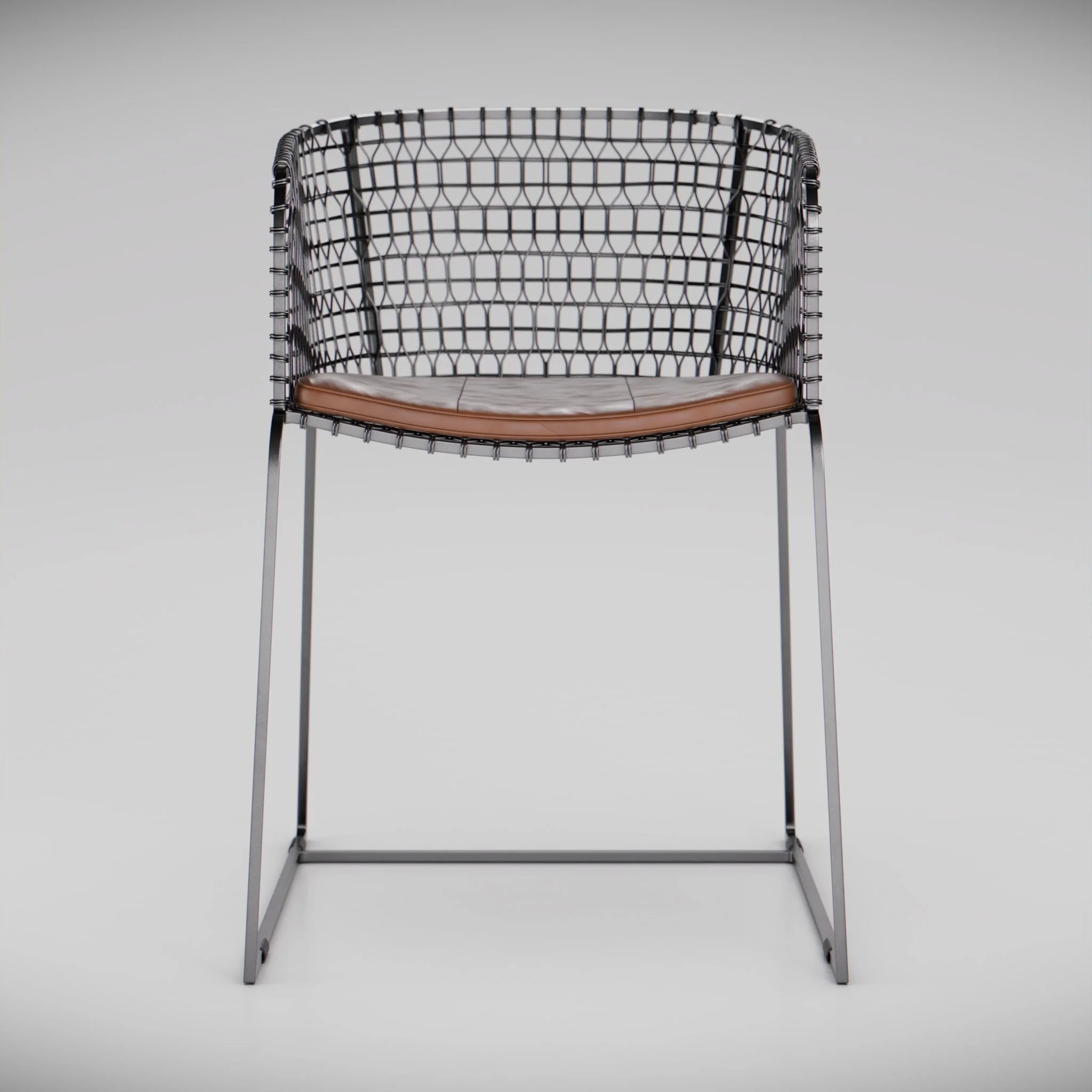 Front view of a metal and leather dining chair