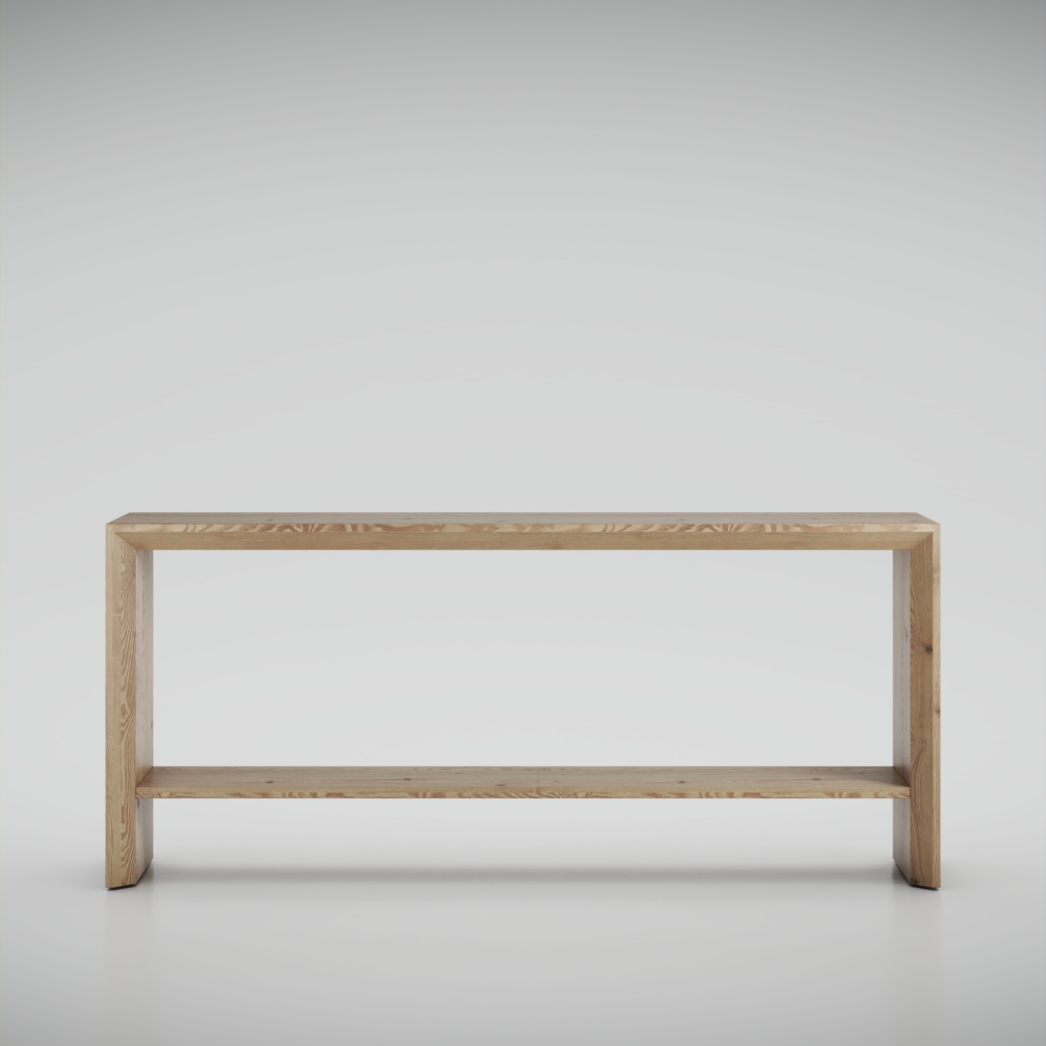 front view of a wooden console table standing in a white studio environment