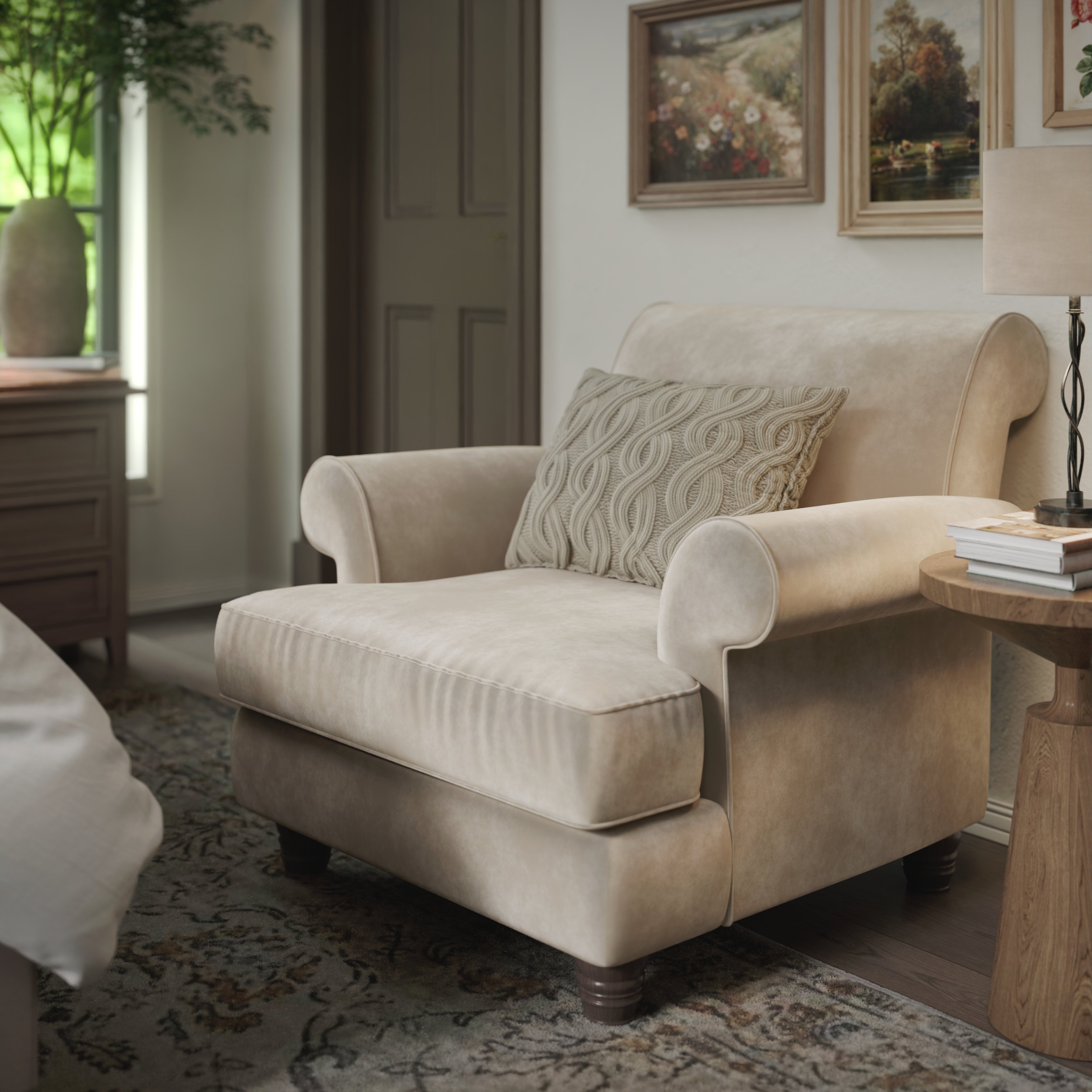 Sophisticated bedroom that blends rustic charm and timeless elegance—featuring a tufted headboard, vaulted wood ceiling, and refined furniture, focusing on a classic confortable accent chair