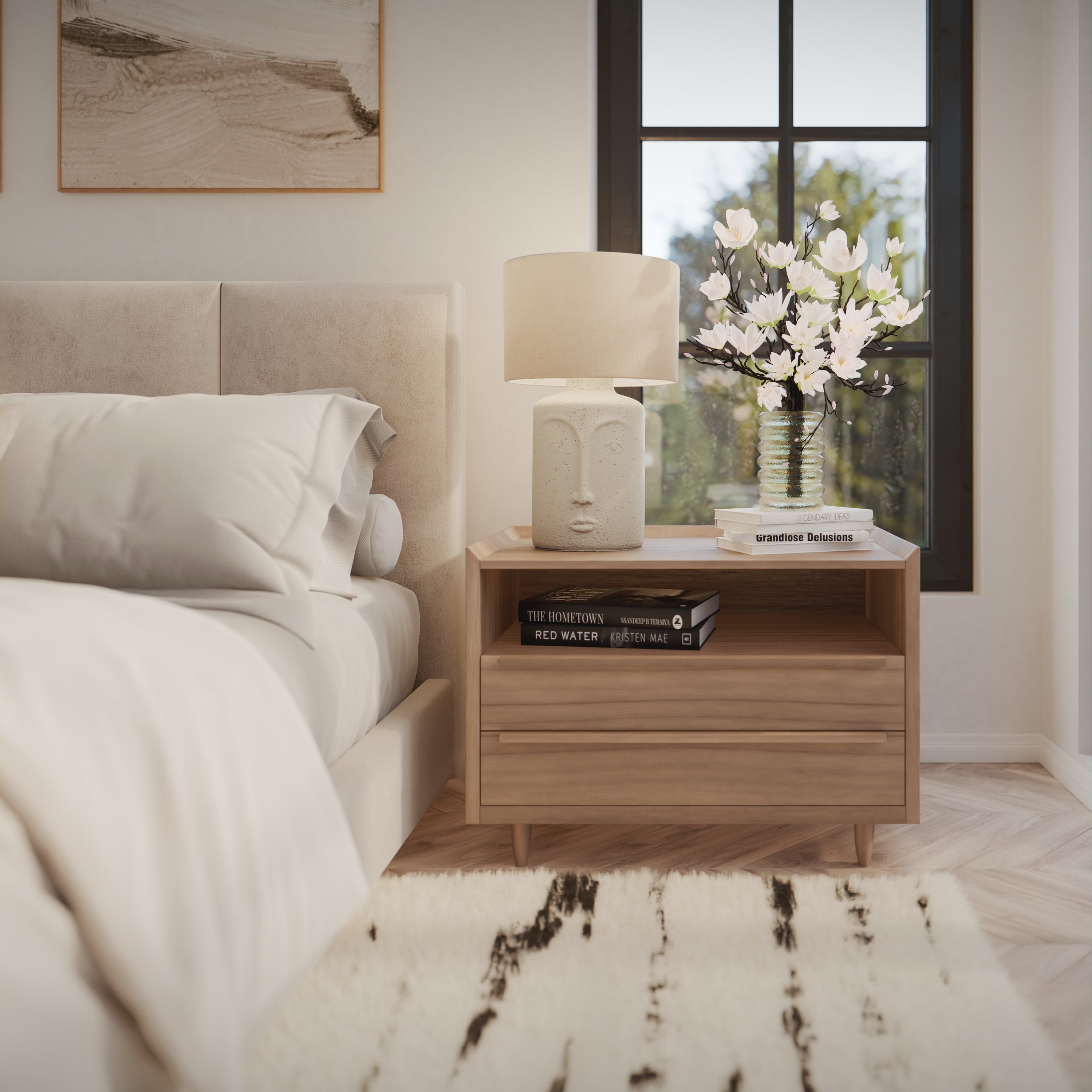 Farmhouse bedroom featuring soft neutral tones, elegant wood textures, and abundant natural light, focusing on the nighshade