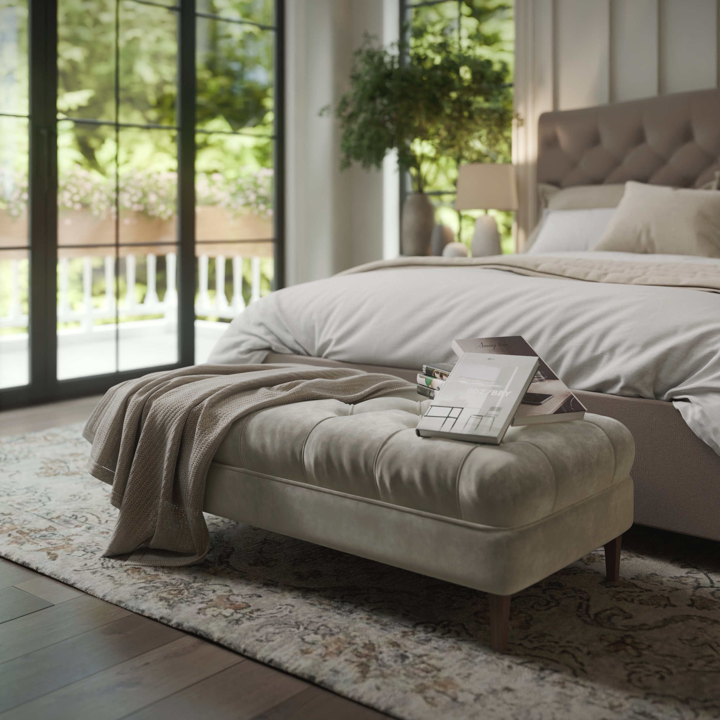 Sophisticated bedroom that blends rustic charm and timeless elegance—featuring a tufted headboard, vaulted wood ceiling, and refined furniture, focusing on a tufted bench