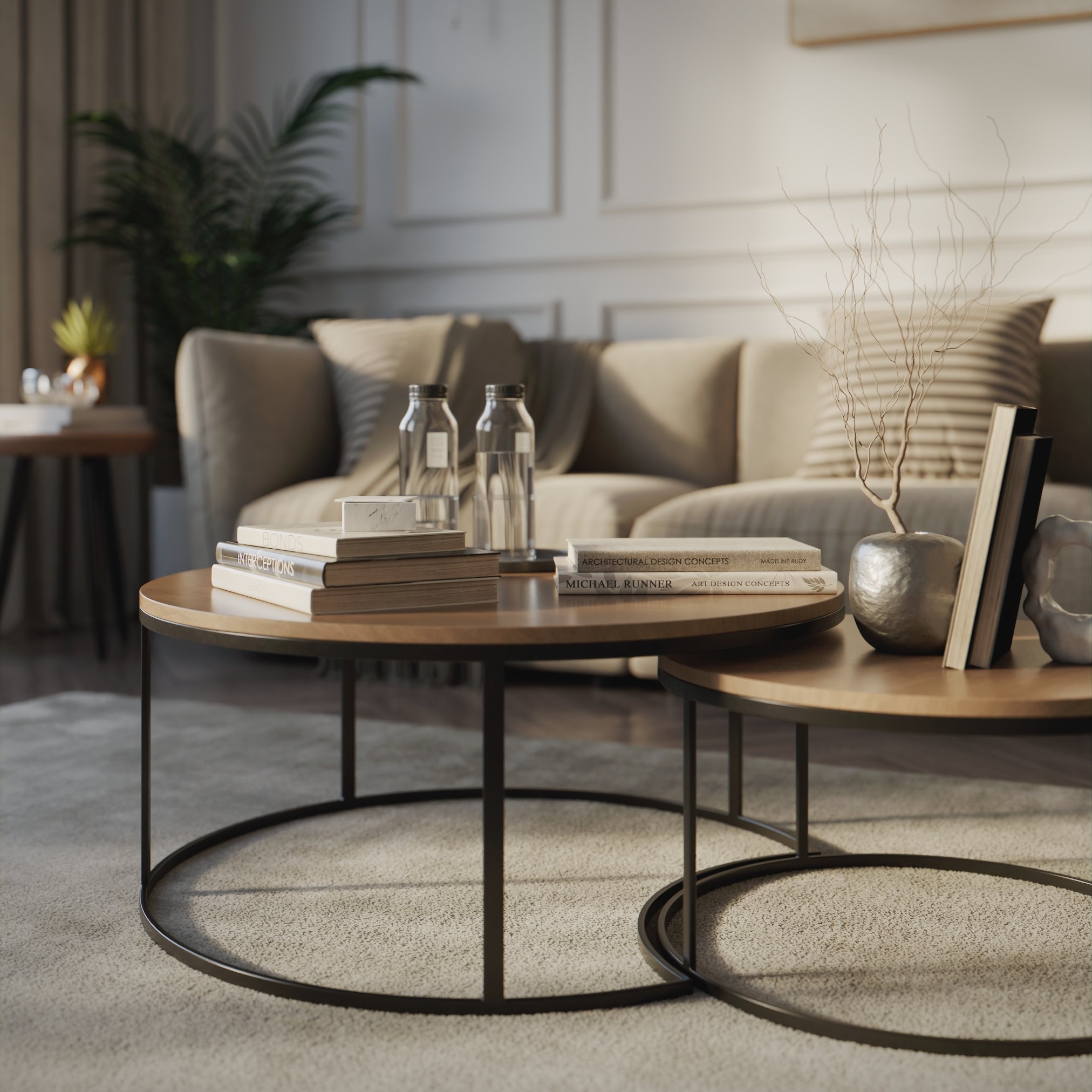 Closeup of a nested coffee tables with books and some other objects