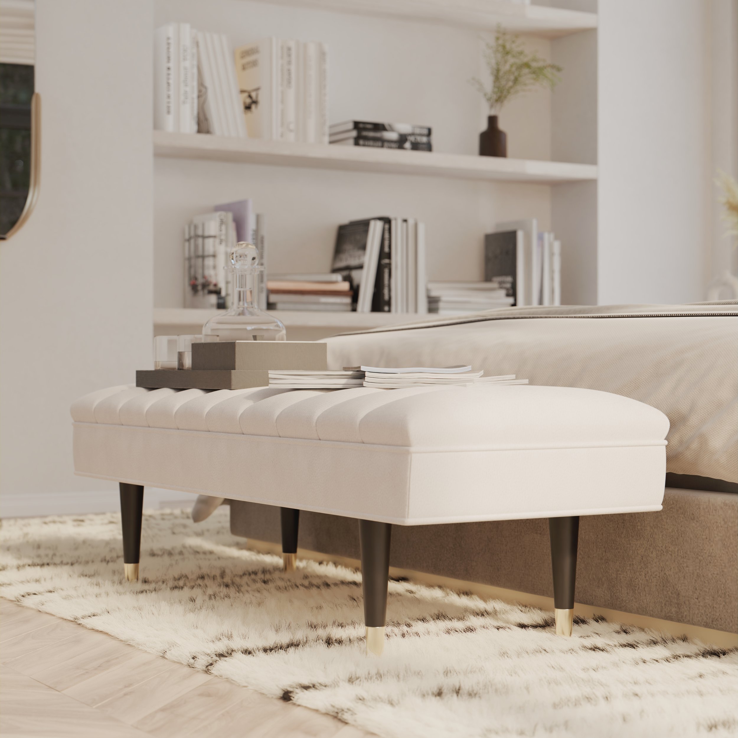 Farmhouse bedroom featuring soft neutral tones, elegant wood textures, and abundant natural light, focusiong on the bench