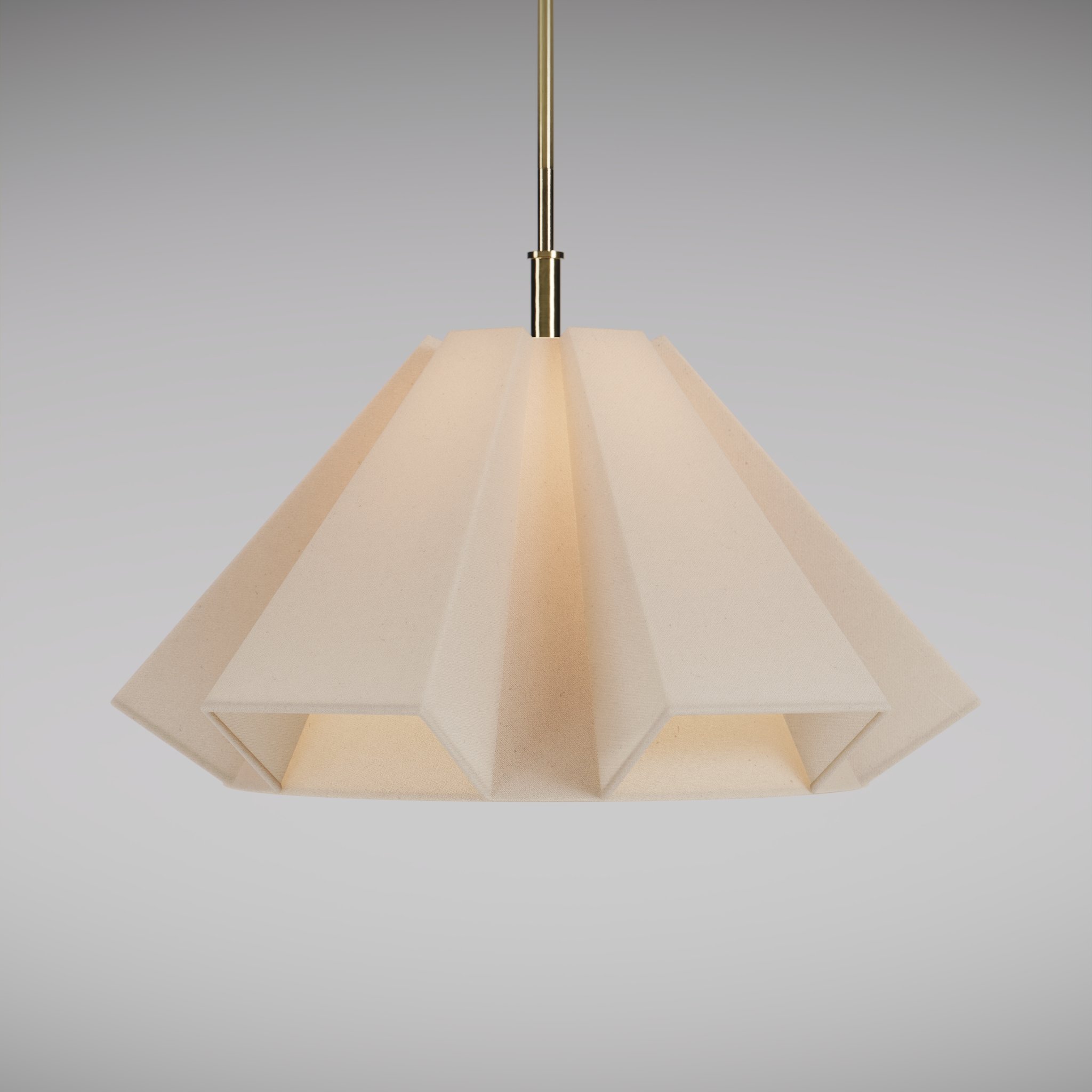 frontal view of a modern design ceiling lamp, with a warm light on in a white studio environment