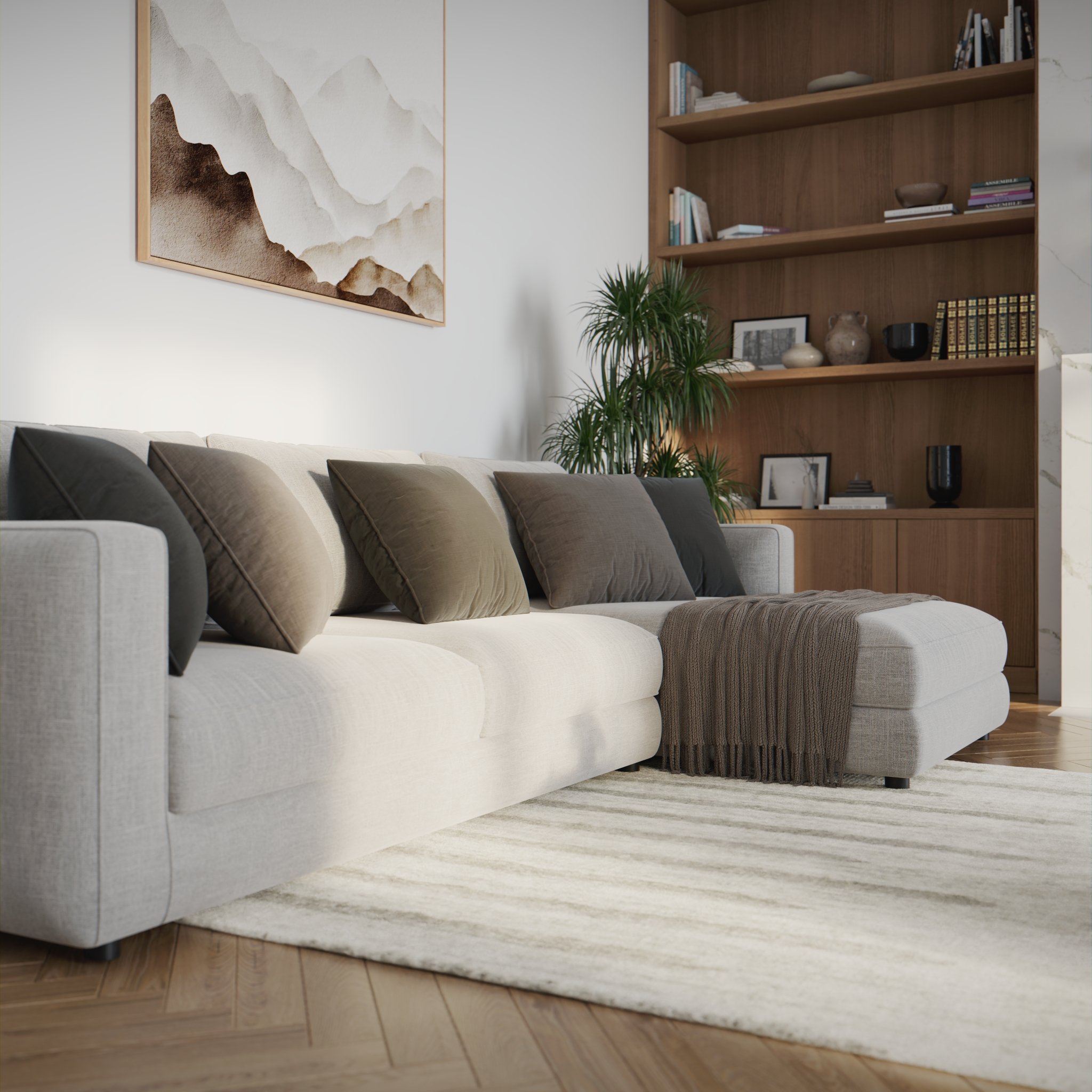 View of the sofa on the left of the same loving room