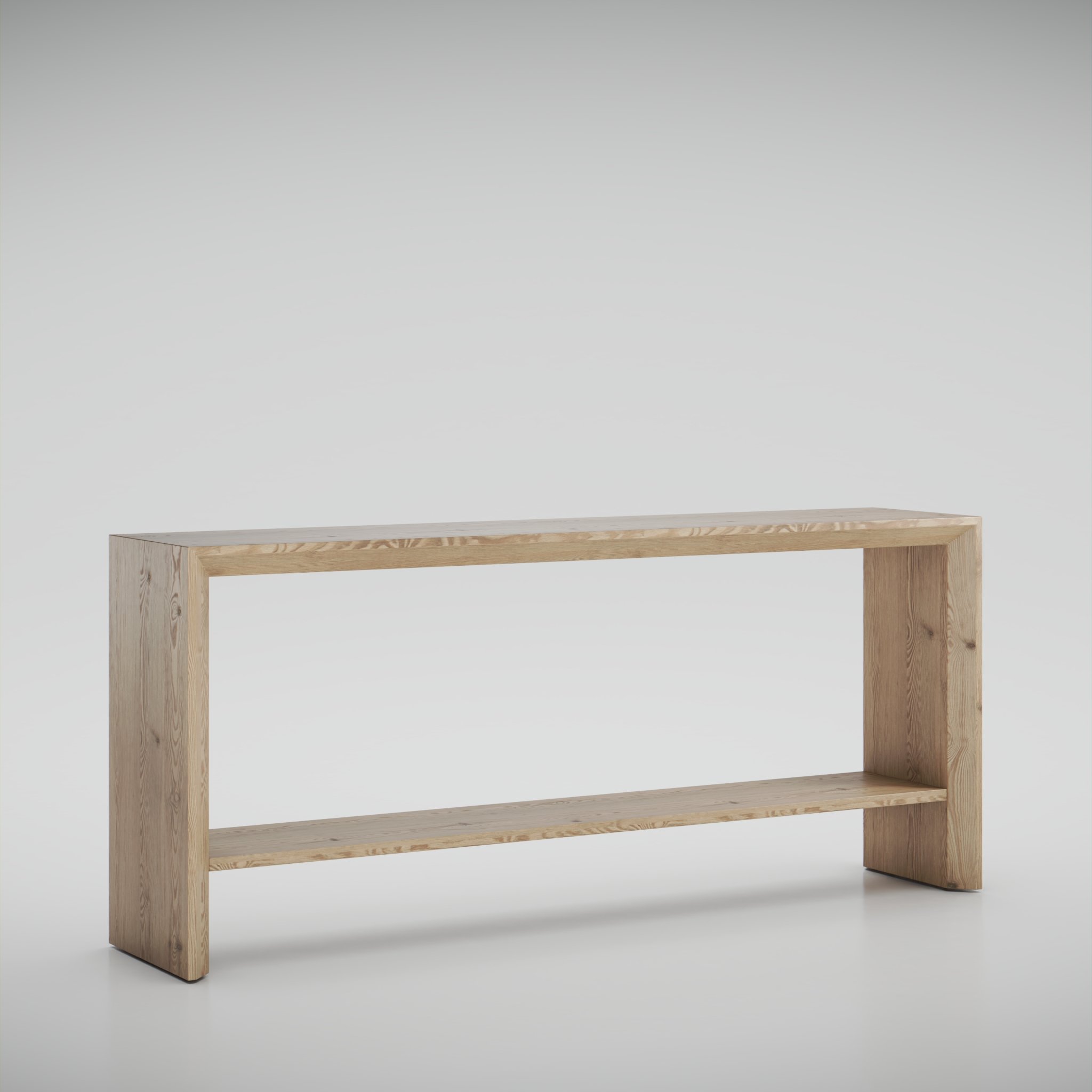 2/3 view of a wooden console table standing in a white studio environment