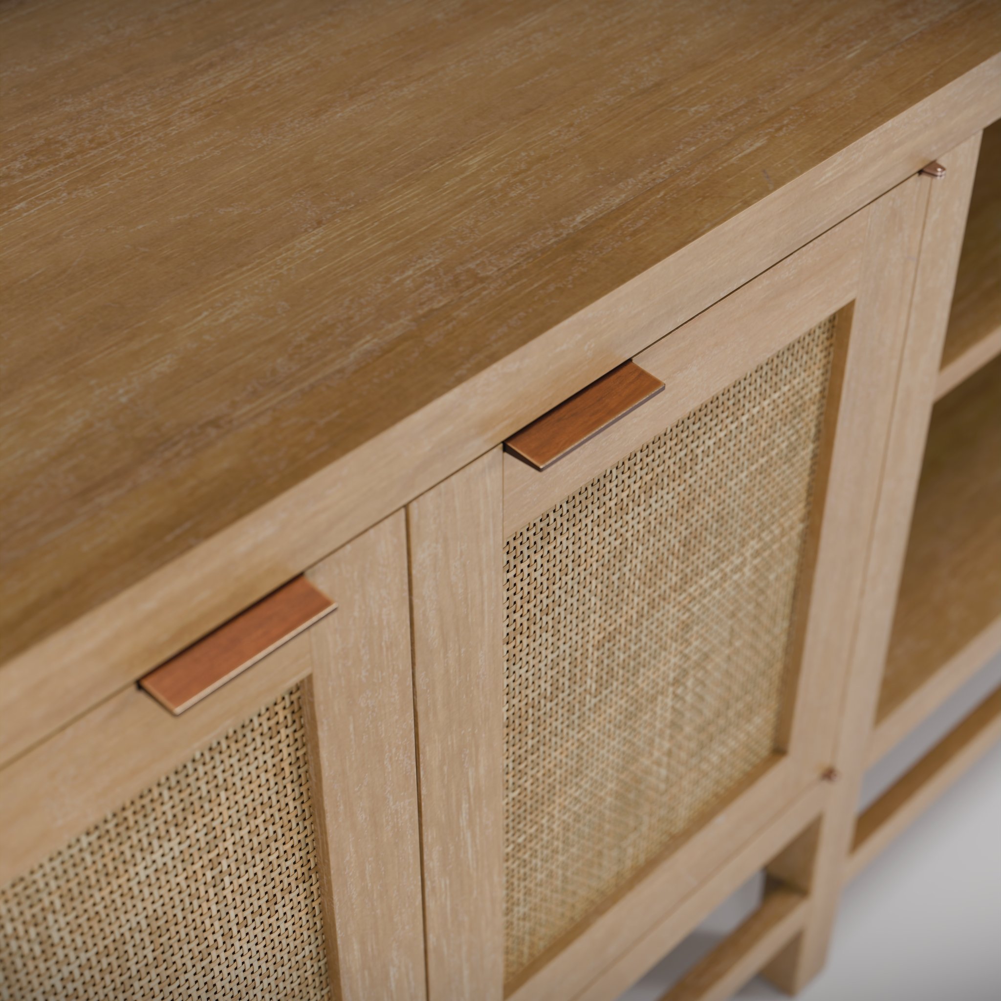 front view of a wooden and wicker storage cabinet with geometric contemporary lines in a white studio