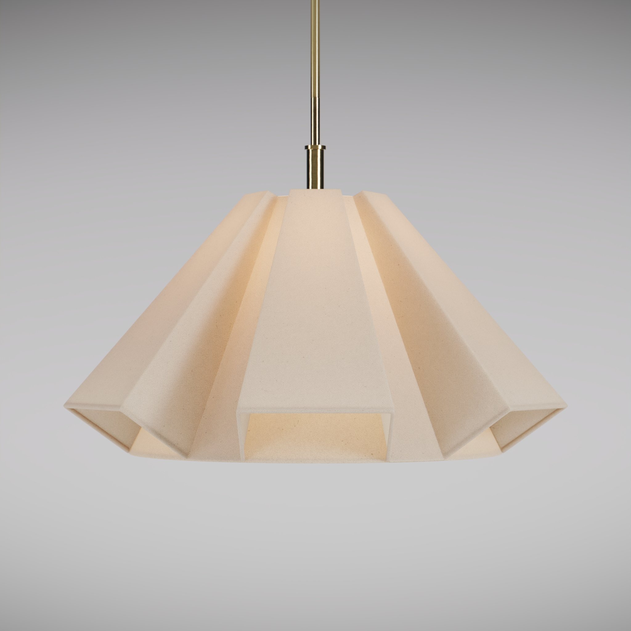 frontal view of a modern design ceiling lamp, with a warm light on in a white studio environment