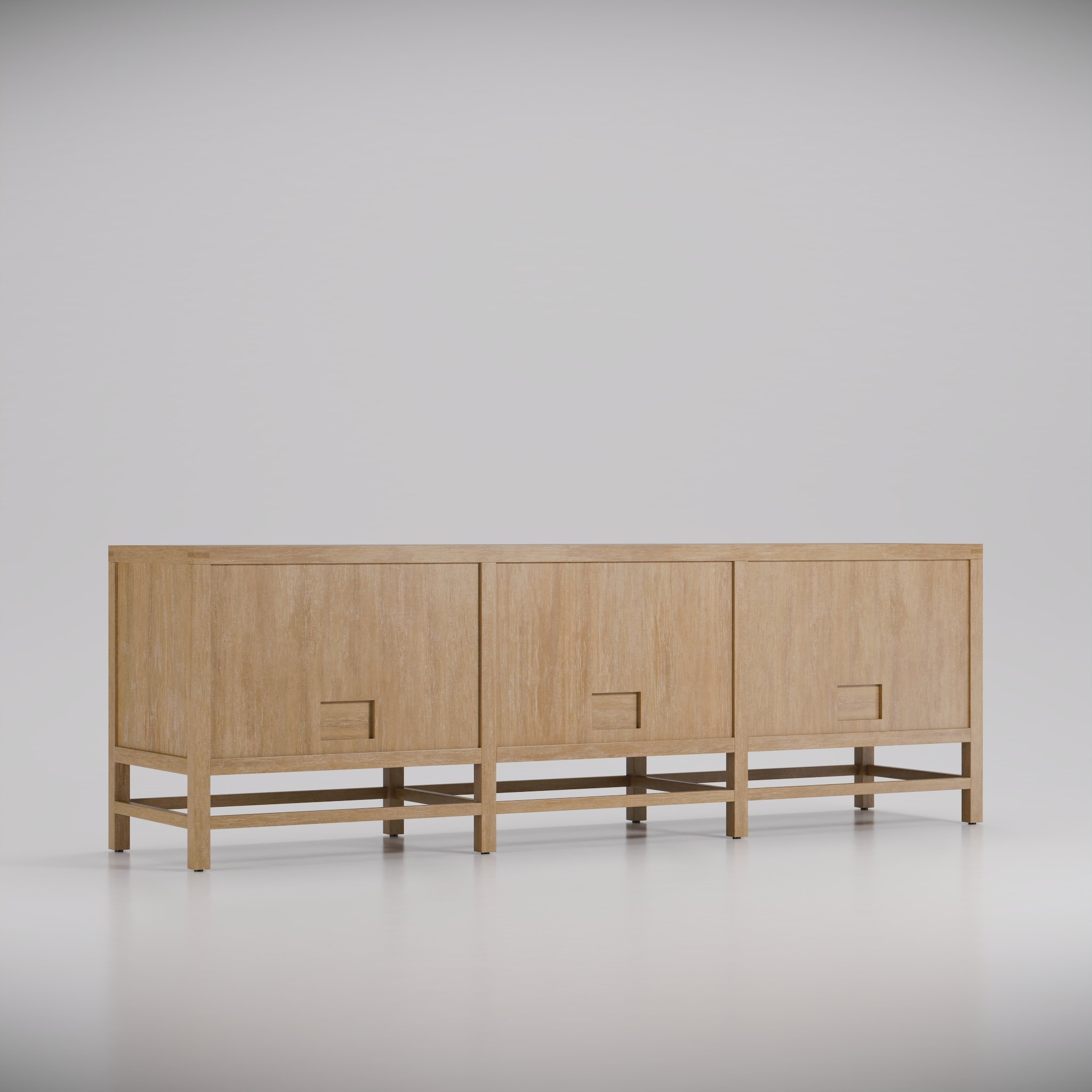 back view of a wooden and wicker storage cabinet with geometric contemporary lines in a white studio