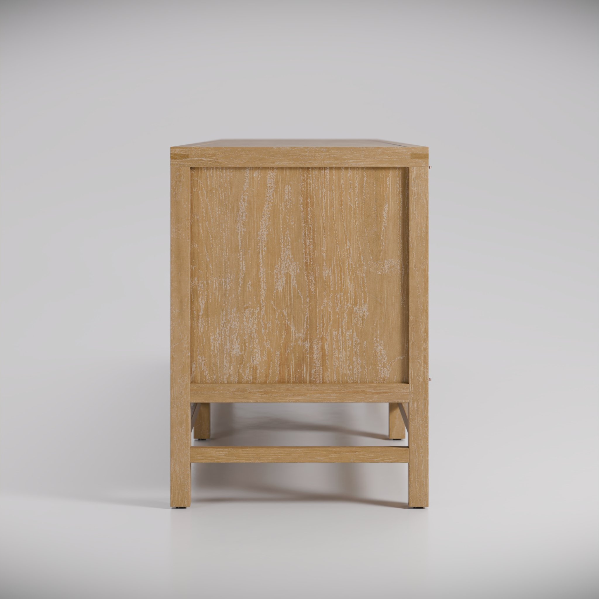 side view of a wooden and wicker storage cabinet with geometric contemporary lines in a white studio