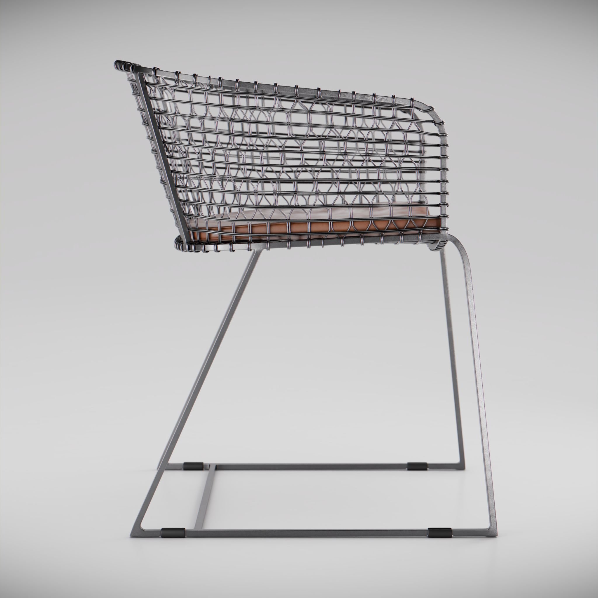 side view of a metal and leather dining chair