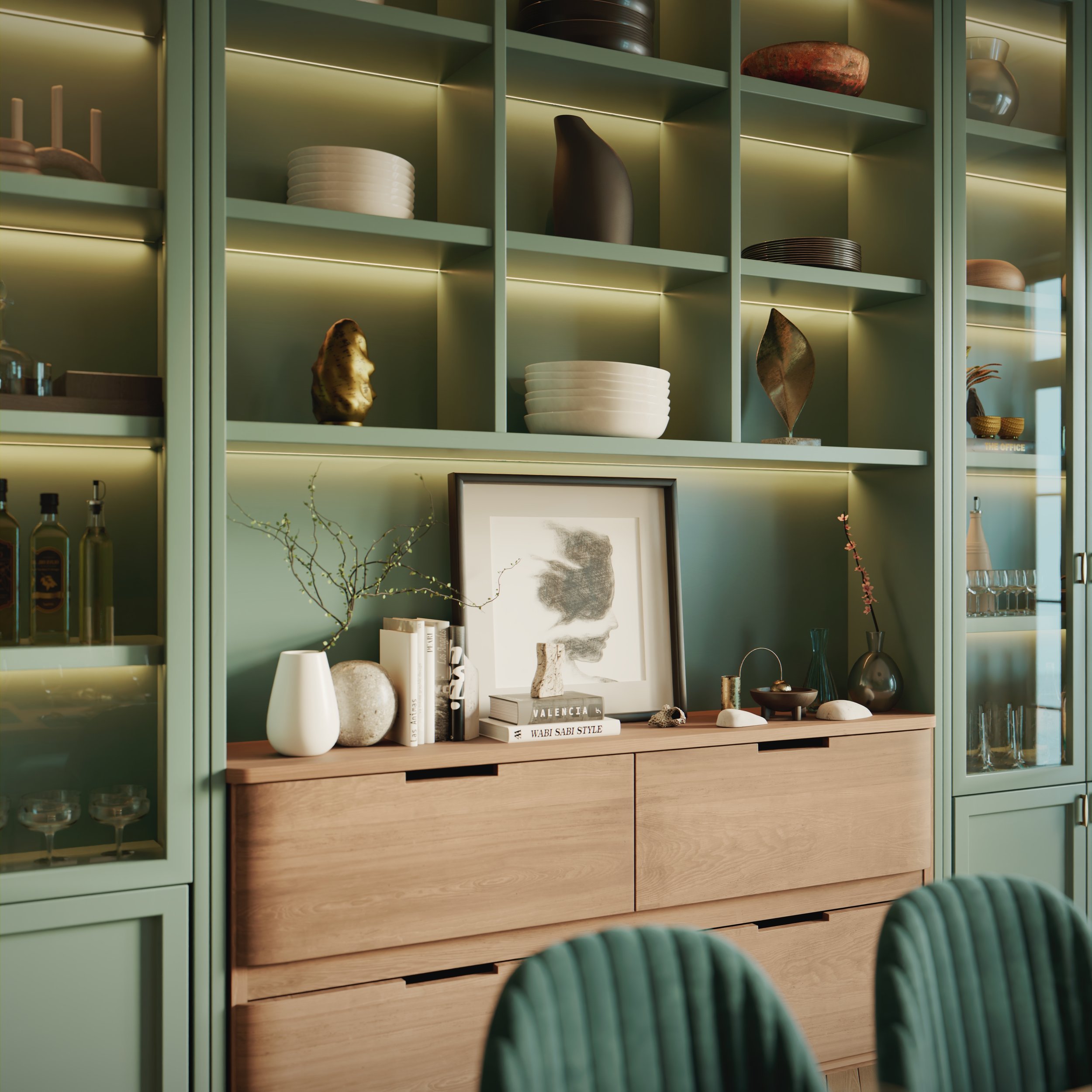 A close-up view of the display shelves with a wooden built-in drawer in the middle