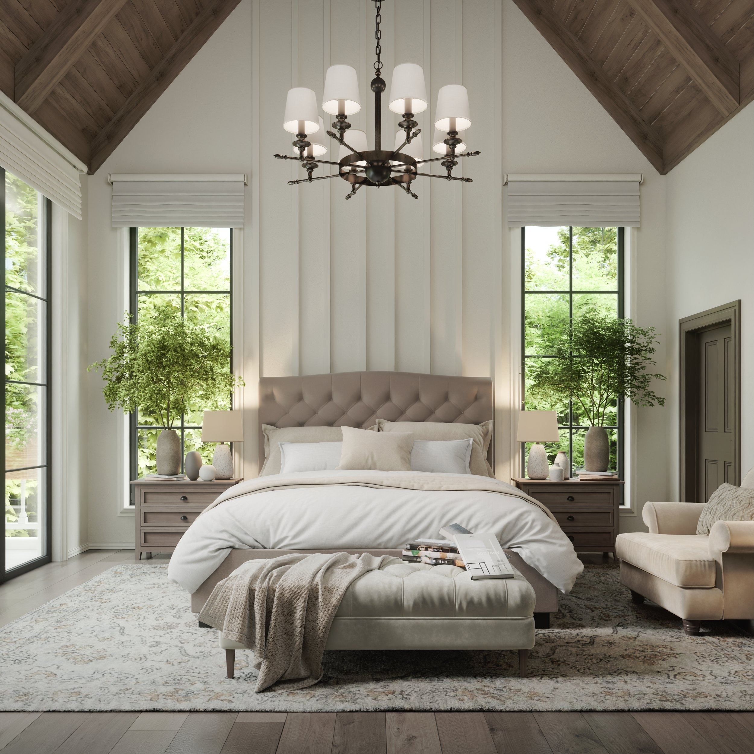 Sophisticated bedroom that blends rustic charm and timeless elegance—featuring a tufted headboard, vaulted wood ceiling, and refined furniture