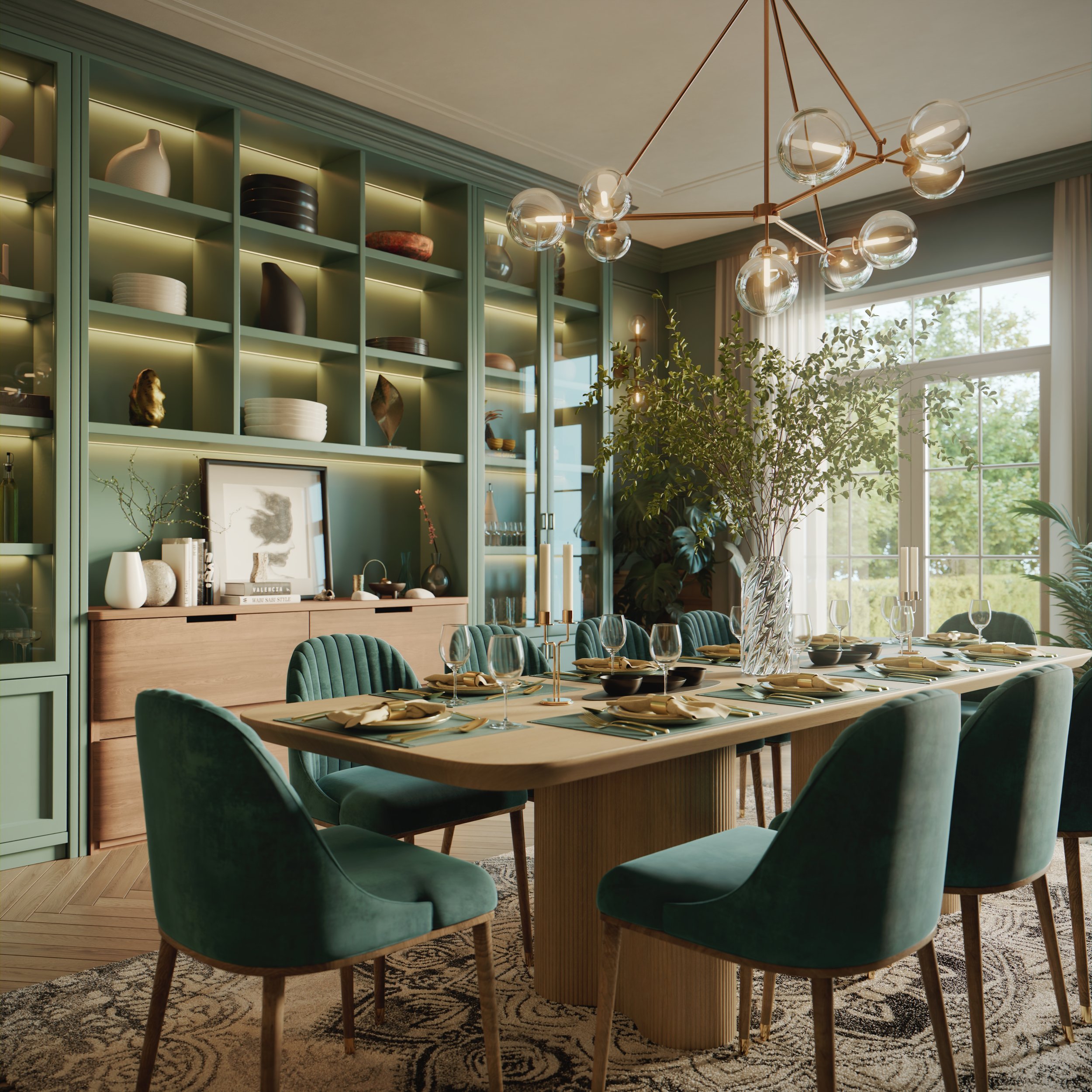 A side-angle view of the dining room, highlighting the natural light and the exterior scenery visible through the glass door.